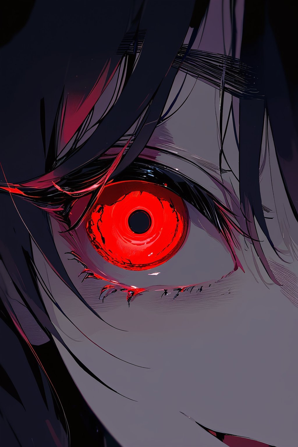 //quality, (masterpiece:1.331), (detailed), ((,best quality,)),//,(,first-person_view),night,dark background,dark anime,creepy, horror,one loli (long hair:1.3),black_hair,eye focus,glowing eye,close up to eye, red eye,emo,dark fantasy, googly eyes, only eyes, eyelid, pupll, sclera, iris, bloodshot eyes, scary, constricted pupils,slit pupils