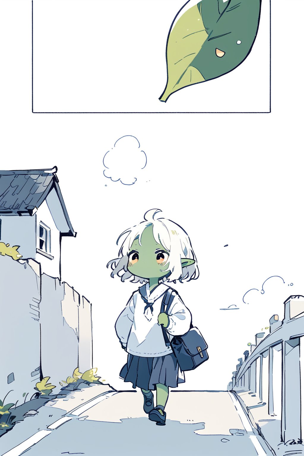 //quality, masterpiece:1.4, detailed:1.4,best quality:1.4,//,(doodle style),//,goblin,pointed_ears,(((green skin))),1girl,solo,white hair, closed_eye,//,school_uniform,schoolbag,//,:),walking, //,simple background,leaf,Japanese road,cute comic,