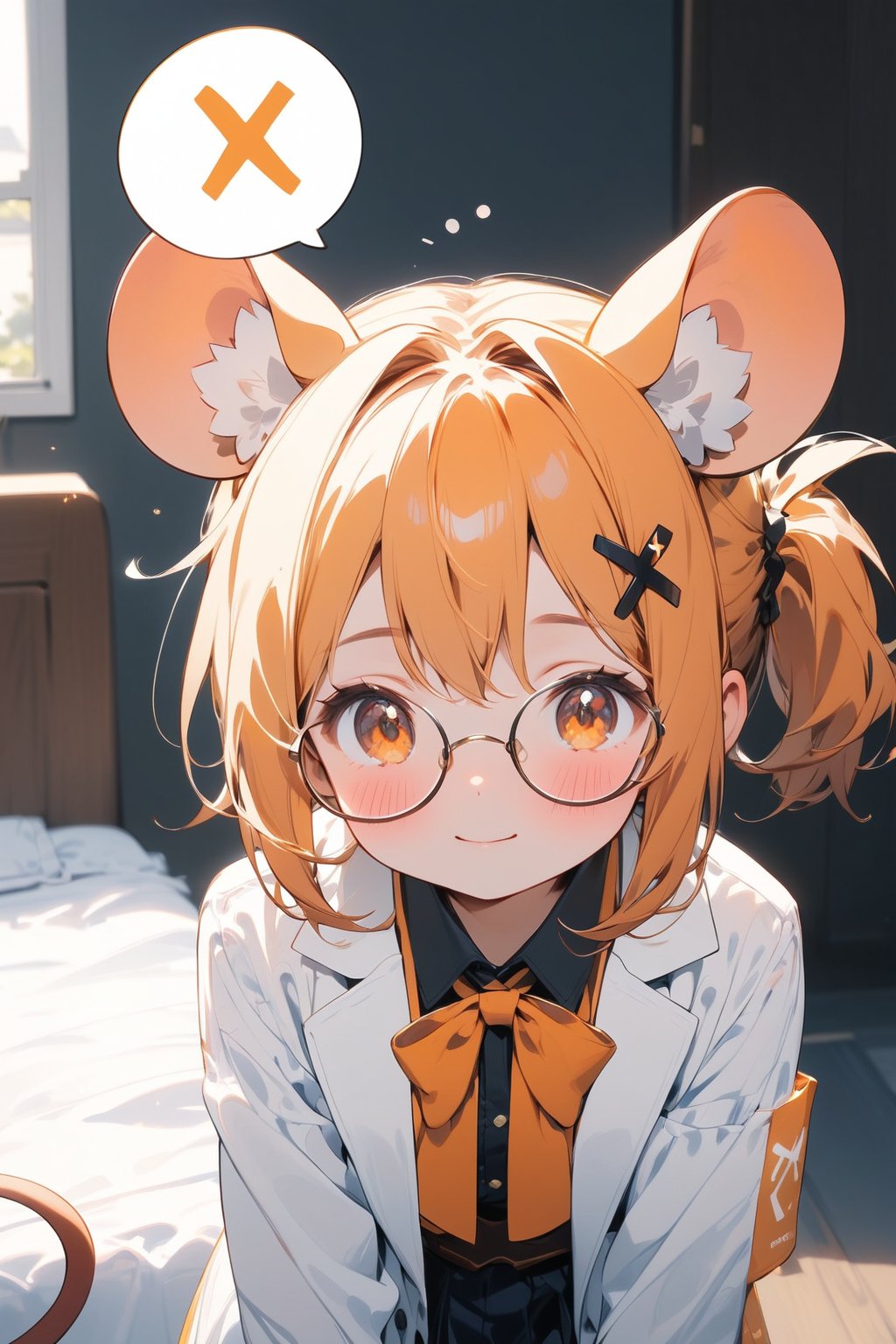 //quality, masterpiece:1.4, detailed:1.4,best quality:1.4,//,1girl,solo,loli,//,mouse_ears,mouse_tail, animal ear fluff,orange_hair,short ponytail,sidelocks,orange_eyes,detailed eyes,//,hair_accessories,ribbons,round glasses,white lab coat,pleated skirt,//,blush,embarassed,light smile,closed_mouth,looking_down,looking_at_viewer,//,close up portrait,arm_outstretched,//,indoor,dark background, bedroom,(((spoken speech bubble with text reads as "X" )))