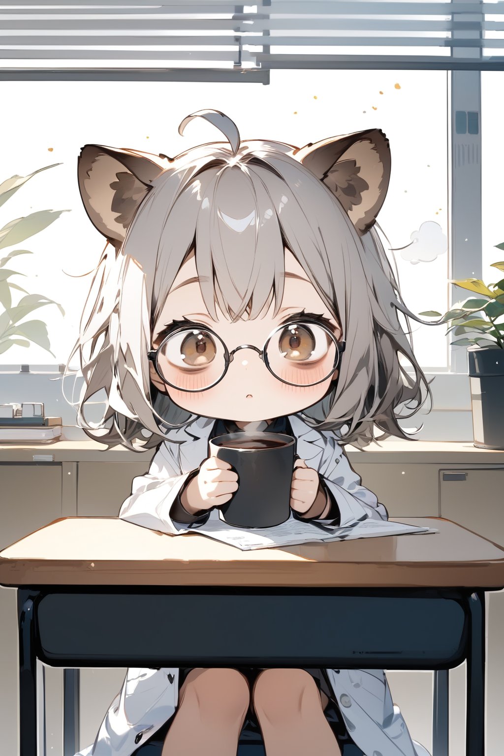 //quality, masterpiece:1.4, detailed:1.4,best quality:1.4,//,1girl,solo,//,raccoon girl,gray raccoon_ears,gray raccoon_tail,gray hair, messy hair,ahoge, medium hair, brown eyes,detailed eyes,//,hair_accessories,accessories,(round glasses),scientist,white lab coat,//,blush,sleepy,(bags under eyes),//,sitting, drinking hot coffee,//,indoor,desk, chair,office,leaf,plant,Deformed,