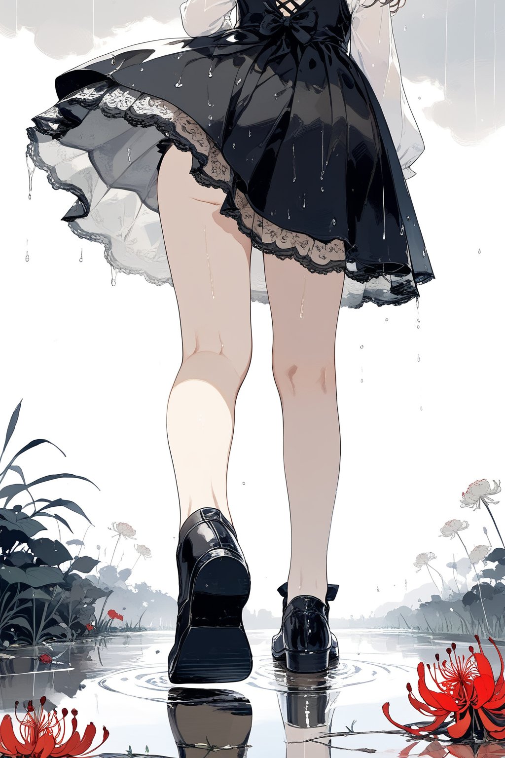 //quality, masterpiece:1.4, detailed:1.4,best quality:1.4,//(heavy raining),fog, puddle,reflection,(garden),spider lily_(flower),1girl,child,solo,(loli),(from_behind),(black dress), white sleeves,black shoes,(wet),walking, horror, gloomy ,Deformed,(Thigh-level perspective), legs focus,close_up to thigh,Reflections 