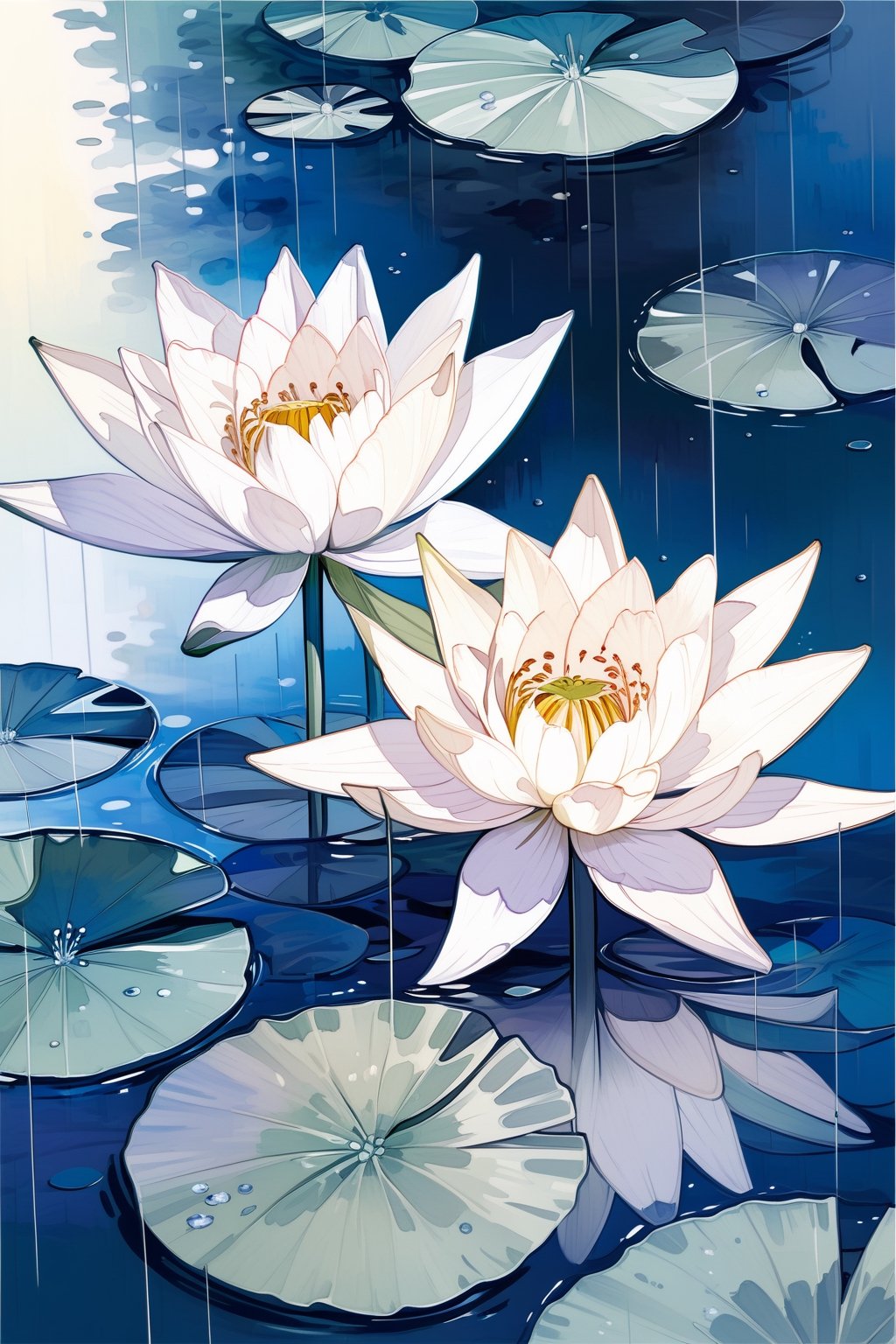 //quality, (masterpiece:1.4), (detailed), ((,best quality,)),//(heavy raining:1.3),(flowers:1.4),flower focus,lily_(flower),leaf,plant,reflection,spring,Sepals,Petals,watercolor \(medium\)