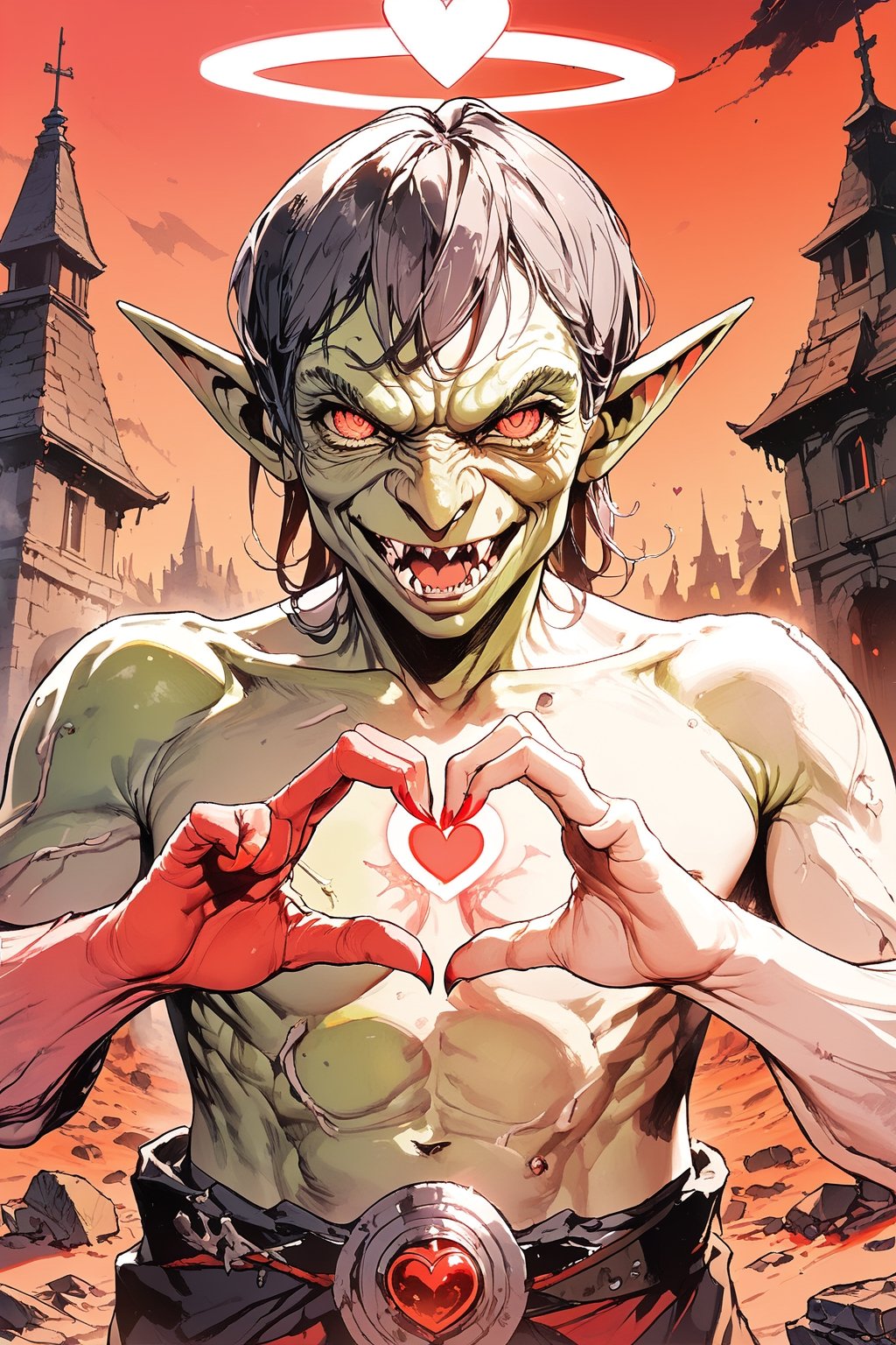 //quality, (masterpiece:1.331), (detailed), ((,best quality,)),//,(1 old goblin:1.4),(topless_male goblin),(evil goblins),(halo:1.4),(fangs),(evil smile:1.3),(heart_shaped_pupils:1.3),(heart,heart hand, heart hand duo:1.4),(facing_viewer:1.4),red sky,lava,hell,red dirt,Europe medieval, fantasy,