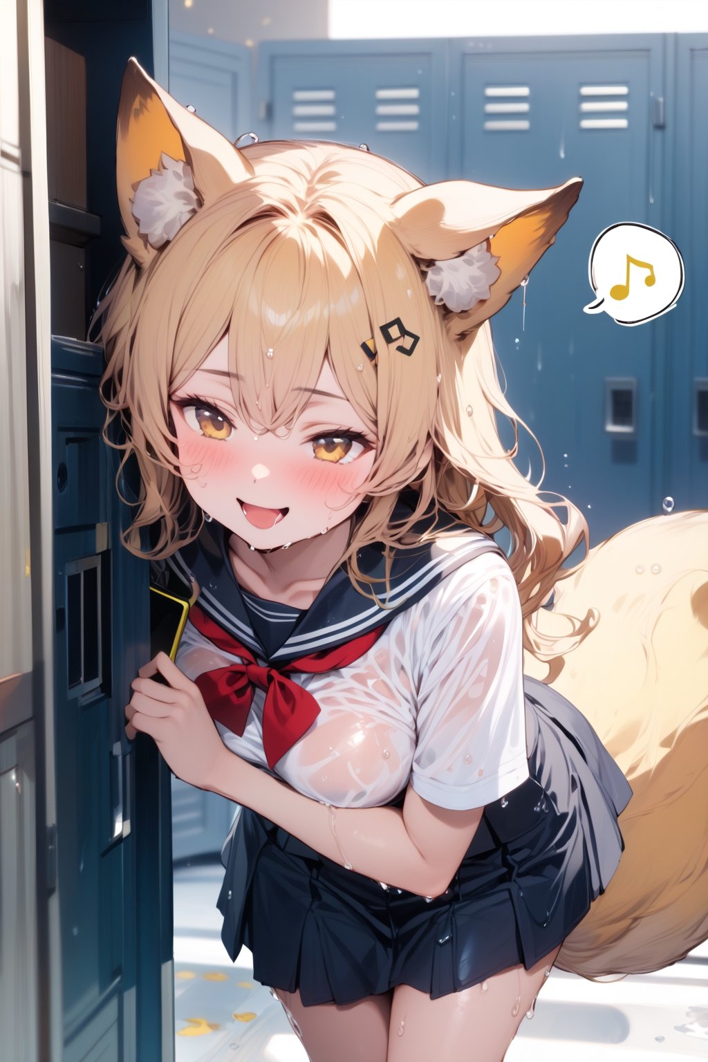 /quality, (masterpiece:1.4), (detailed), ((,best quality,)),//,(1girl),(solo:1.2),//,(yellow dog_ears :1.3), animal ear fluff,(yellow dog tail:1.3),hairstyle, (yellow hair:1.3),long_hair,wavy_hair,bangs,(yellow_eyes),detailed eyes,(large_chests:1.4),//,hair_ornaments,ornaments,sailor collar,blue school_uniform,(white shirt:1.2),darkblue short skirt,(wet:1.4),wet_hair,(wet_clothes,wet_hair),white thighhgihs,//,(naughty_face:1.2),blush,smile,mouth_open,drooling,//,(peeking behind locker:1.4),((,hand holding a cell phone:1.4)),(,spoken music note symbols:1.3),//,(indoor:1.2),(locker_room),white floor,reflective floor,(,close_up:1.3),peeking out upper body