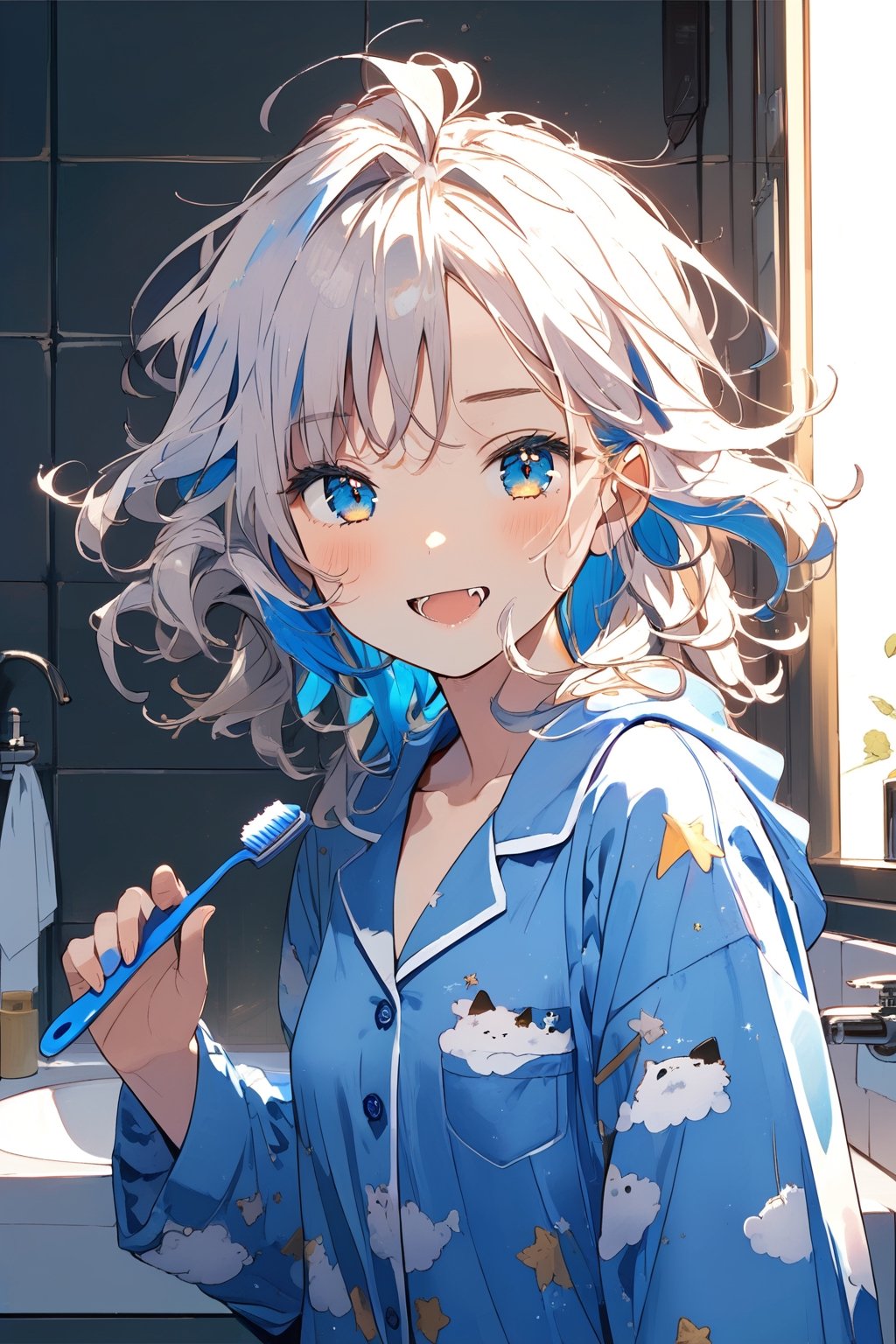 //quality, (masterpiece:1.331), (detailed), ((,best quality,)),//,1girl,solo,loli, ,//,(medium messy hair:1.331),(white hair:1.3),(colored inner hair:1.4),ahoge,(small_breasts:1.331), beautiful detailed eyes, glowing eyes, blue_eyes,//fashion,(blue pajama:1.331),//, smile,cute_fang,//, sleepy,facing_viewer,(holding toothbrush:1.331),brushing teeth,//,indoors, washroom,  cute