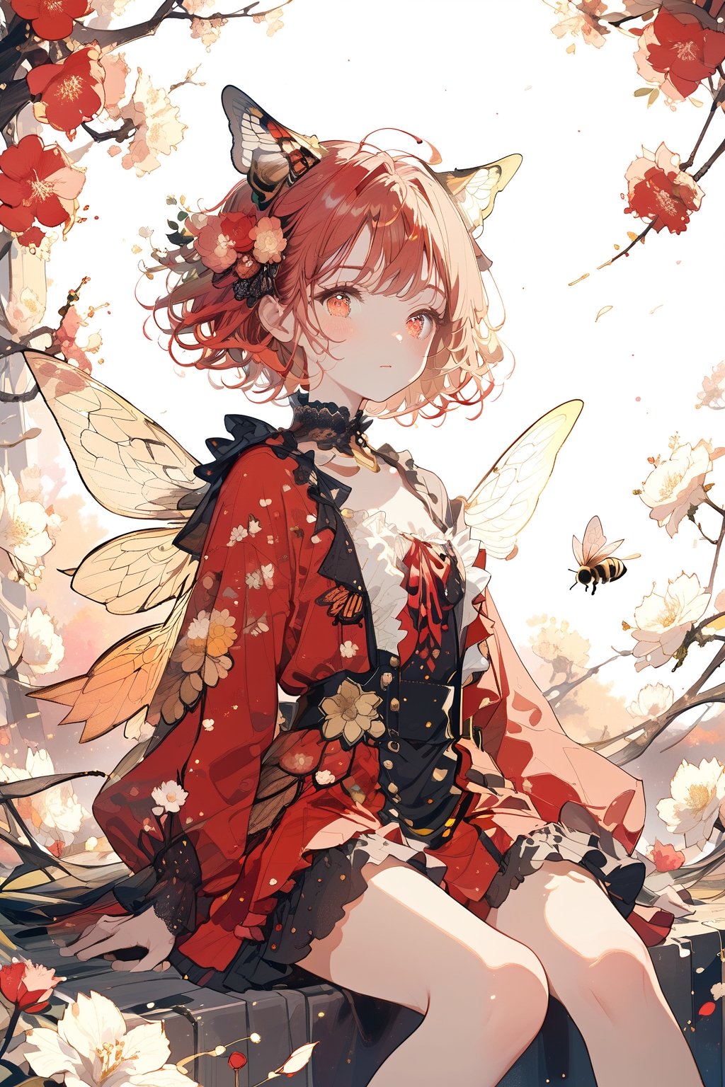 //quality, (masterpiece:1.4), (detailed), ((,best quality,)),//, illustration,,1girl,solo,loli,bee_girl,//, (red hair:1.3), short hair,antenna_hair,sidelocks,hair_flowers, beautiful detailed eyes,glowing eyes,red eyes,//,(sparking bee_wings:1.3),red_dress,
,//, blush,expressionless,looking_at_viewer, first-person_view,//,sitting in flower,//, scenery, outdoors, flower_petals,flying_petals, flowers petals floating in air,((bees)), (straight-on:1.3),//,emo,aesthetic,Flower queen