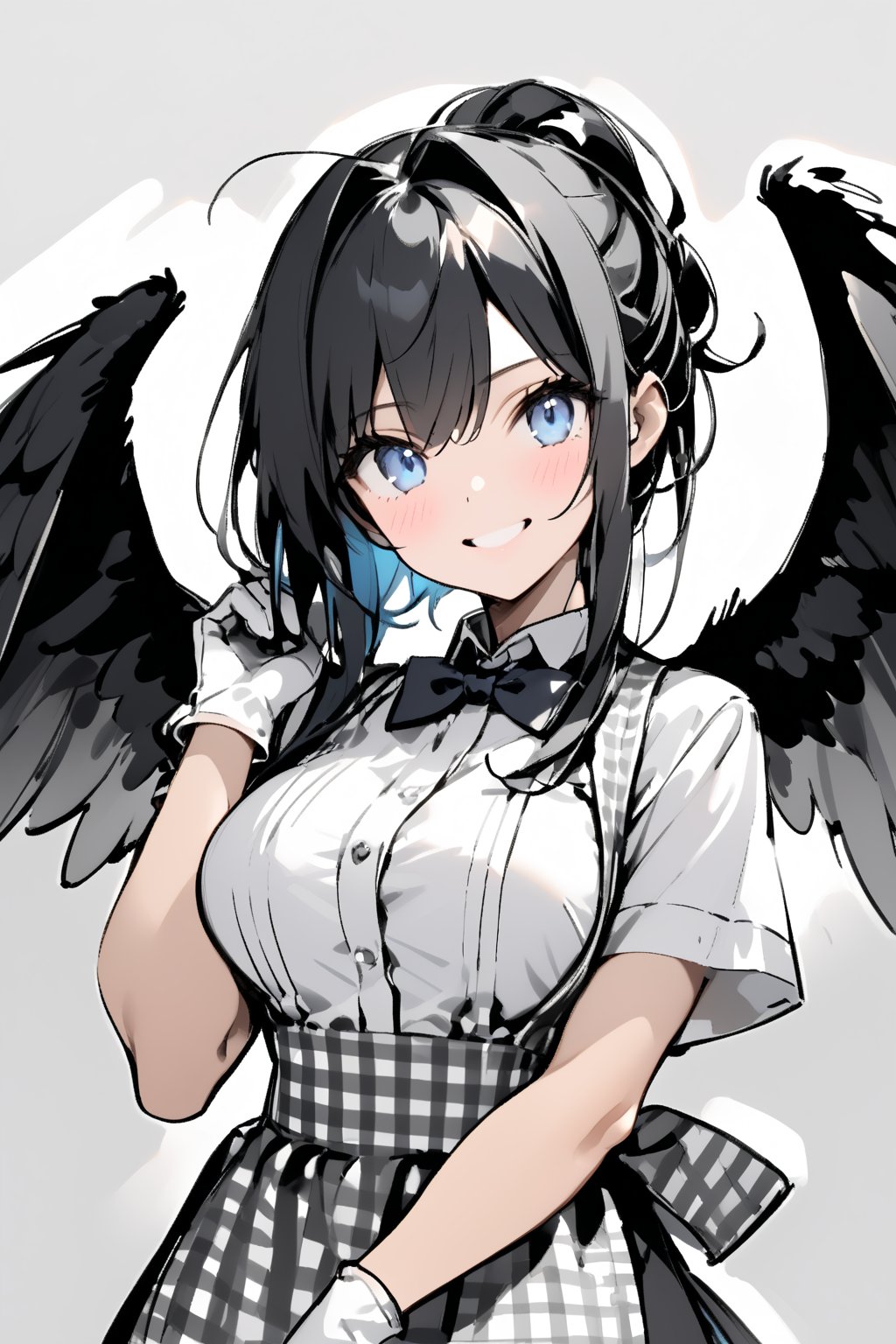 //quality, masterpiece:1.4, detailed:1.4, ,best quality:1.4,//,1girl,solo, waitress,//,black_hair,hair intakes,short hair with long locks,blue inner hair, detailed eyes, glowing eyes, darkblue eyes,(large chest),(black wings),big wings,feather_wings, detailed wings,//, bow, bowtie, white shirt, short sleeves, apron, gingham apron, employee uniform, high-waist skirt,white gloves,//,blush, smile,looking_at_viewer,head_tilt,wince,winking,;),//,hands_raised,adjusting_hair,close-up portrait,//,paper drawing,Sketch book,(Sketch),rough stretch,(Gray scale),(Monochrome),Pencil sketch,flat style,kobeya uniform