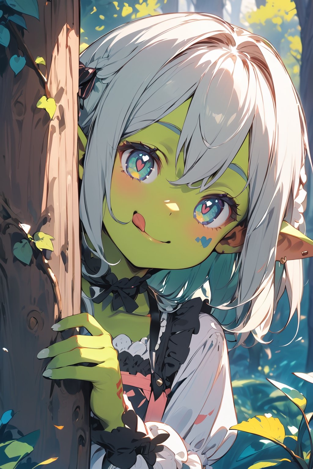 //quality, (masterpiece:1.4), (detailed), ((,best quality,)),//1girl,loli,cute,//,(light green goblin_ear:1.3),(,light green skin:1.4),medium_hair, straight_hair, detailed eyes,symbol-shaped pupils,//,lolita,//,(tongue out:1.2), (smiling:1.2),naughty_face,looking_at_viewer,//,peeking out,(,peeking out upper body :1.4), (tree:1.2),//,forest,plant,leaf, flowers,tattoo,face tattoo,peeking out upper body,scenery,