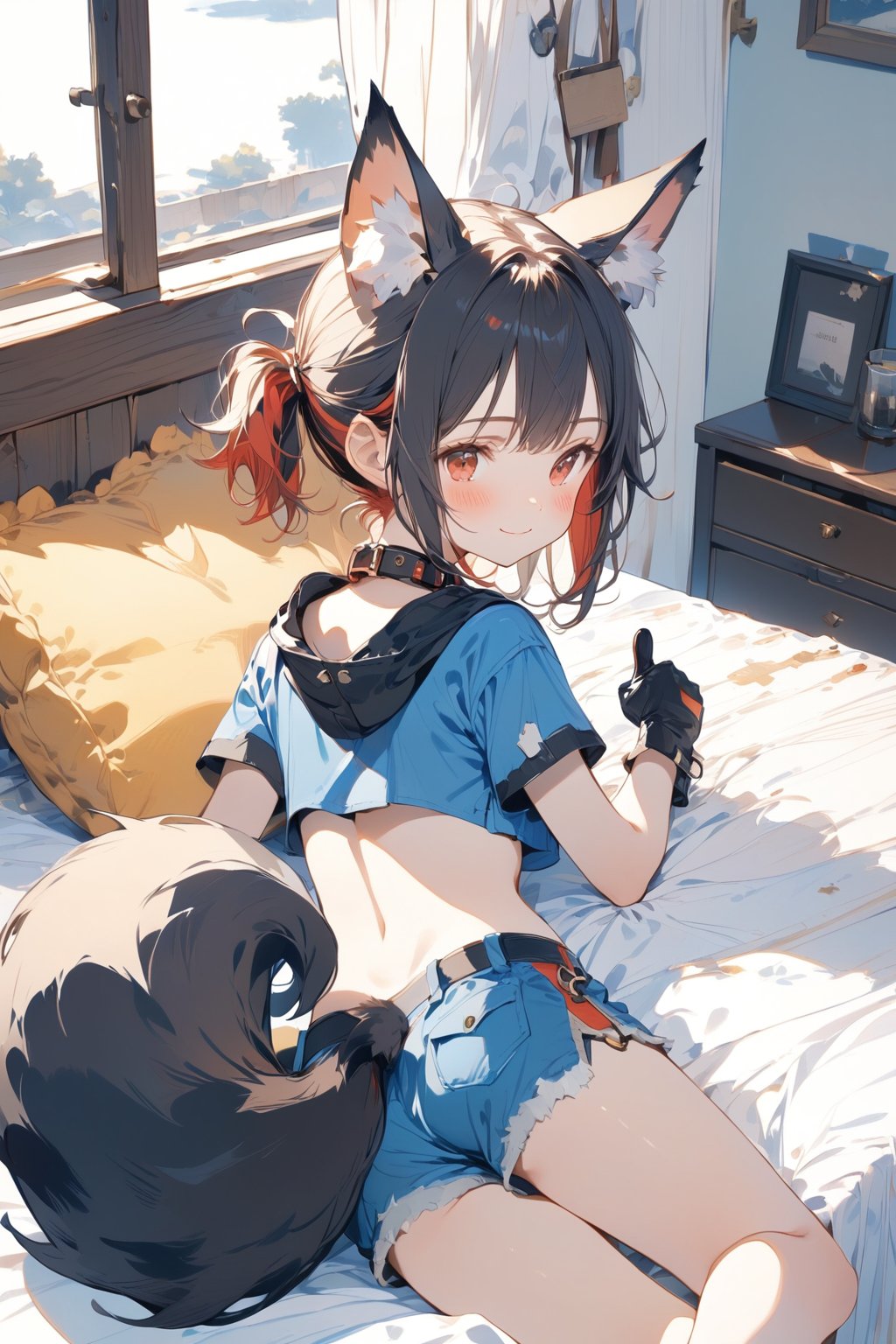 //quality, masterpiece:1.4, detailed:1.4, ,best quality:1.4, //, 1girl,solo,Tekeli,//,black fox ears,animal ear fluff,black fox tail,black hair,red inner hair,(short ponytail),sidelocks,red eyes,median furrow,//,fashion,(adventure costume),cat_collar,(camouflage),crop top,short_sleeves,blue mini shorts, gloves,//,blush,closed_mouth,smile,(face down),lying on bed,(on stomach),(thumbs_up),(hand_up),//,indoors,bedroom,pillow,bed,from_behind,from_above,scenery