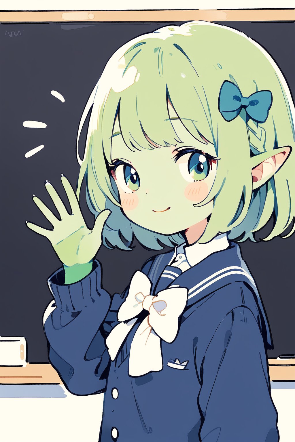 //quality, masterpiece:1.4, detailed:1.4,best quality:1.4,//,(doodle style),//,goblin,pointed_ears,(((green skin))),1girl,solo,sidelocks,green hair, medium_hair, straight_hair, blue_eyes,//,(darkblue school_uniform),bow,//,waving,smile,//, straight-on, blackboard,cute comic,
