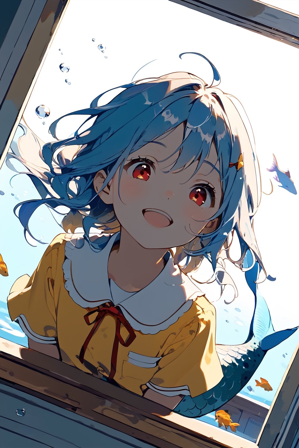 //quality, (masterpiece:1.4), (detailed), ((,best quality,)),//1girl,(mermaid:1.4),(loli:1.3), child,cute,//,(blue_hair:1.3),ahoge,floating_hair, detailed_eyes,(red eyes:1.2),//,bows,frilled,(yellow kindergarten uniform:1.3), yellow dress,//,(happy:1.2),smile,teeth,mouth_open,looking_up,//,(arm support on window),(facing_viewer, straight-on:1.4),//,(classroom:1.4), window, underwater,(fish:1.2), bubbles,close_up,from outside window