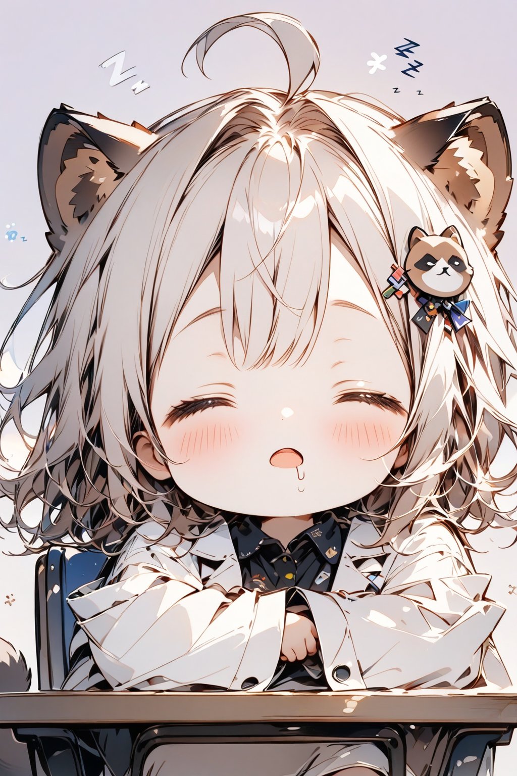 //quality, masterpiece:1.4, detailed:1.4,best quality:1.4,//,1girl,solo,//,raccoon girl,gray raccoon ears,gray raccoon tail,gray hair, messy hair,ahoge, medium hair, closed_eyes,//,hair_accessories,accessories,(round glasses),scientist,white lab coat,//,blush,bags_under_eyes,mouth_open,drooling,//,lying on desk,head resting on arms,sleeping,(zzz),zzz, sitting on chair,//,close-up portrait,face focus,simple_background,purple_background,desk, chair, Deformed,((Chibi character)),sticker, outline 