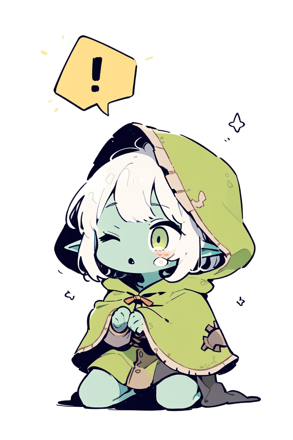 //quality, masterpiece:1.4, detailed:1.4,best quality:1.4,//,(doodle style),//,goblin,pointed_ears,(((green skin))),1girl,solo,white hair, green eye,//, medieval clothes,hood up, green cloak,//,shocked, (one_eye_closed),tearing_up,mouth_open,kneeling, straight-on,!, spoken_exclamation_mark, , holding own hand//,wall background,cute comic,