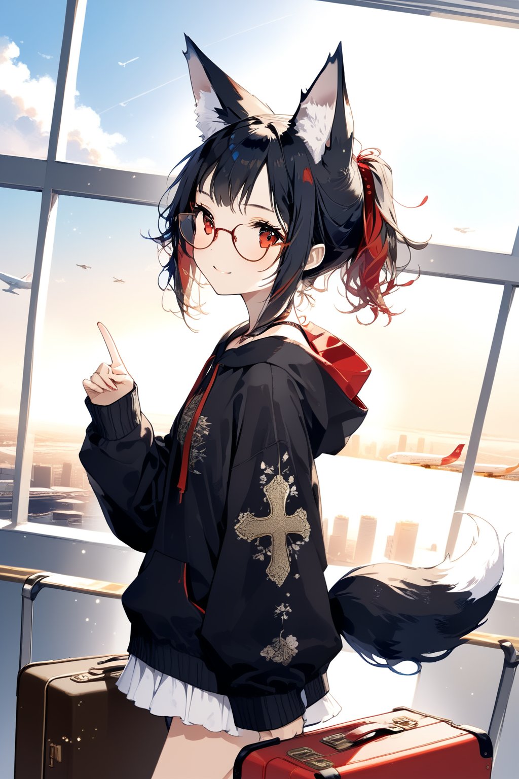 //quality, masterpiece:1.4, detailed:1.4, ,best quality:1.4, //, 1girl, cute,solo,Tekeli,//,black fox ears,animal ear fluff,black fox tail,black hair,red inner hair,short ponytail,sidelocks,red eyes,collarbones,small_chest,//, fashion,red_glasses,cross_necklace, black hoodie,hood_down,from_side,//,blush,>:),looking_at_viewer,light smile,//(,v,v-sign),suitcase,walking,cowboy_shot,//,indoor,blue sky,sunbreak,backlighting,window,airport,crown,scenery,ink paint