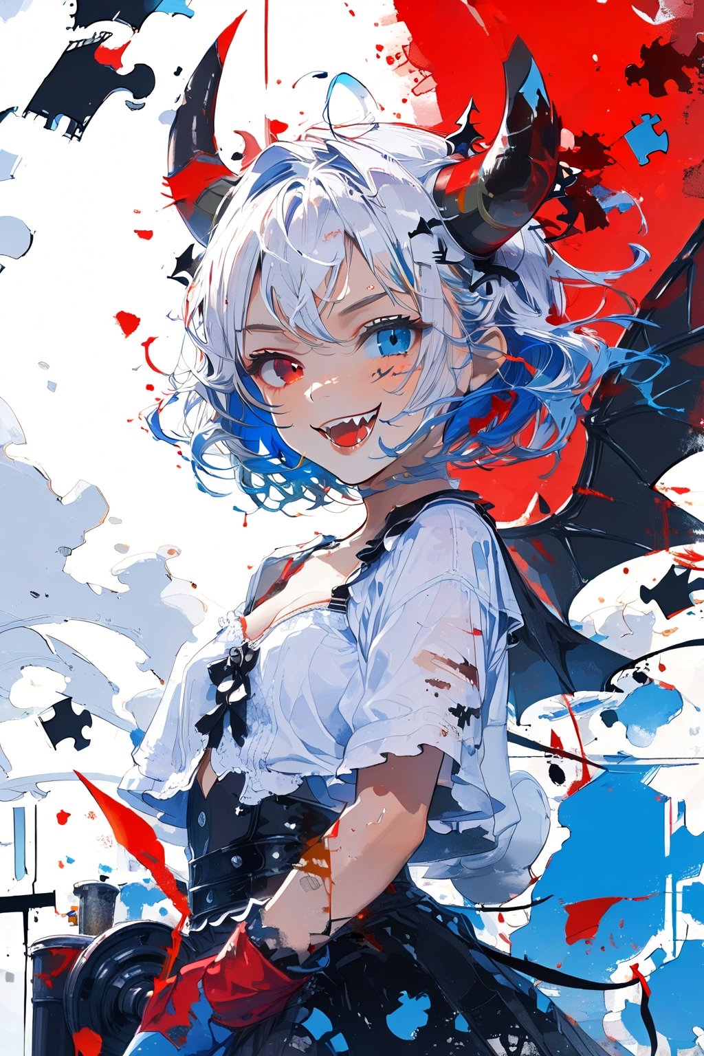 [Evil 😈TensorArt-chan:0.00]//quality, (masterpiece:1.331), (detailed), ((,best quality,)),//,//,1girl,solo,loli,//,(short twintails:1.331),(white hair:1.3),(blue hair:1.2),(colored inner hair:1.4),ahoge,glowing_hair,(demon horn:1.331),hair_accessories,(covered small_breasts:1.331), beautiful detailed eyes,glowing eyes,(blue eyes:1.21),(red eyes:1.1),(heterochromia:1.4),//,fashion,white jacket with logos,white crop top,blue bottom wear,red and blue gloves,(devil_tail:1.331),//,(,naughty_face:1.21),(smirk:1.331),(fangs,),facing at viewer,//,(((girl holds a huge red paint roller in her hands))),wall painting,(hands_up),,(wall:1.331),(back_against_wall),//(glitch effect: 1.331),(puzzle),straight-on,//,scenery,ink,