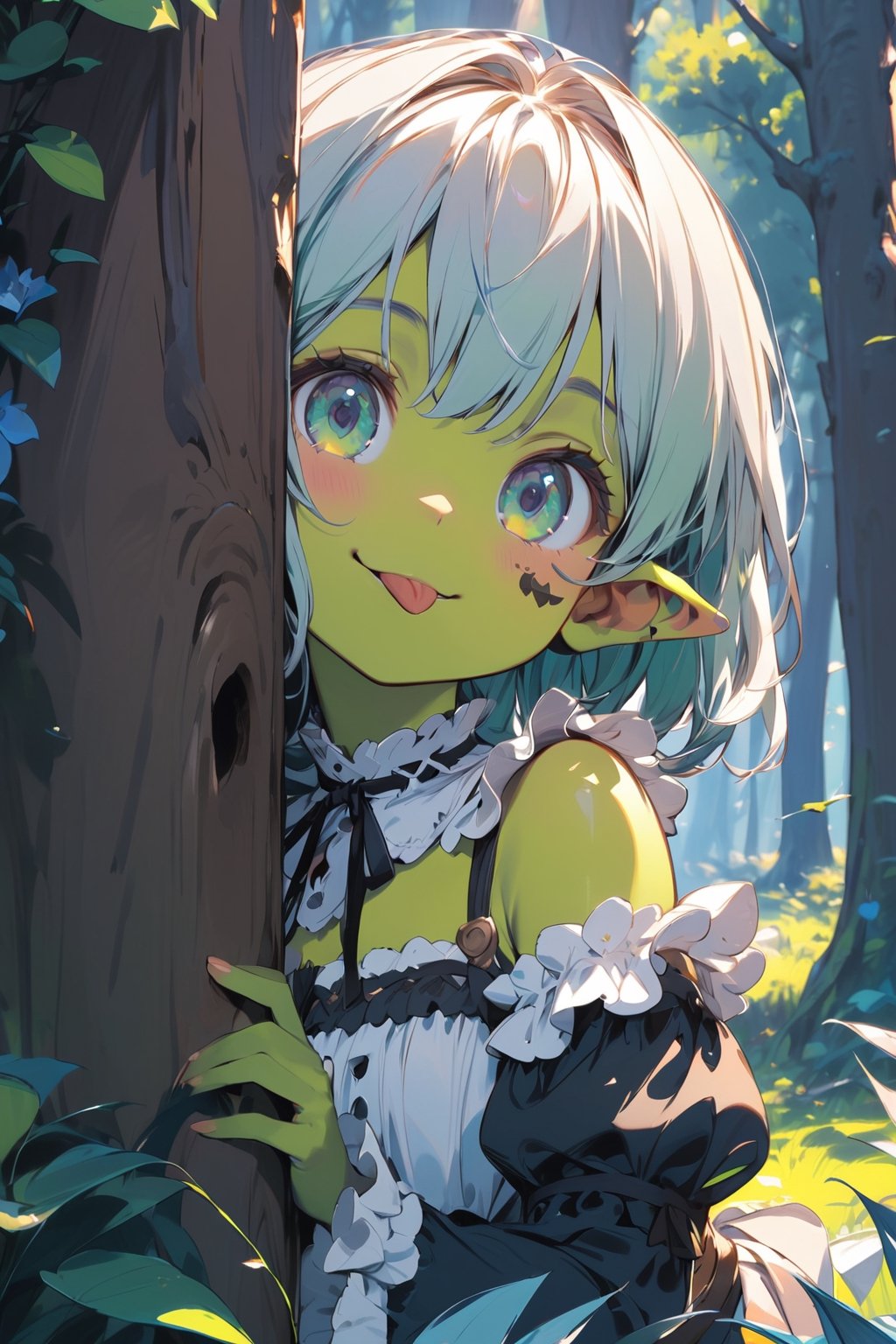 //quality, (masterpiece:1.4), (detailed), ((,best quality,)),//1girl,loli,cute,//,(light green goblin_ear:1.3),(,light green skin:1.4),medium_hair, straight_hair, detailed eyes,//,lolita,//,(tongue out:1.2), (smiling:1.2),looking_at_viewer,//,peeking out,(,peeking out upper body :1.4), (tree:1.2),//,forest,plant,leaf, flowers,tattoo,face tattoo,peeking out upper body,scenery