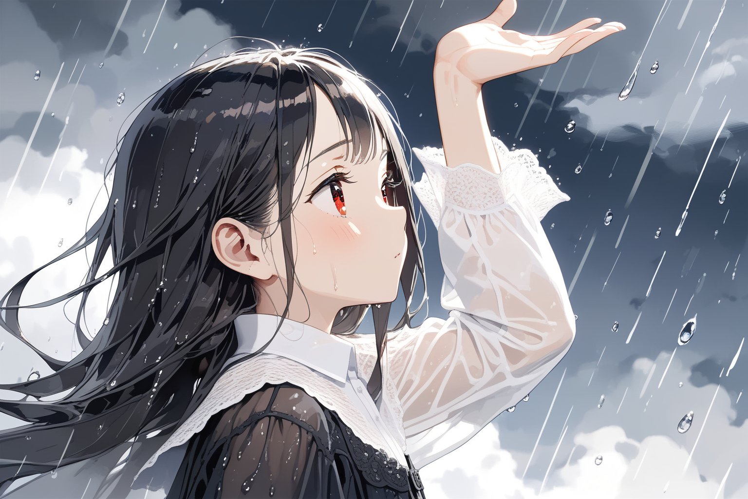 //quality, masterpiece:1.4, detailed:1.4,best quality:1.4,//(heavy raining),night, (cloudy),fog,//,1girl,solo,//, black_hair,long hair, straight_hair,sidelocks,red_eyes, detailed_eyes, eye_half_opened,//,(black dress), (white shirt),long_sleeves,(white sleeves),(wet),wet hair,wet clothes,//,closed_mouth, blush,glommy face,(looking_up),//,one_arm_raised above head,one_hand_up,,//,cropped_torso,close_up,(profile),hand_out_of_frame,Deformed