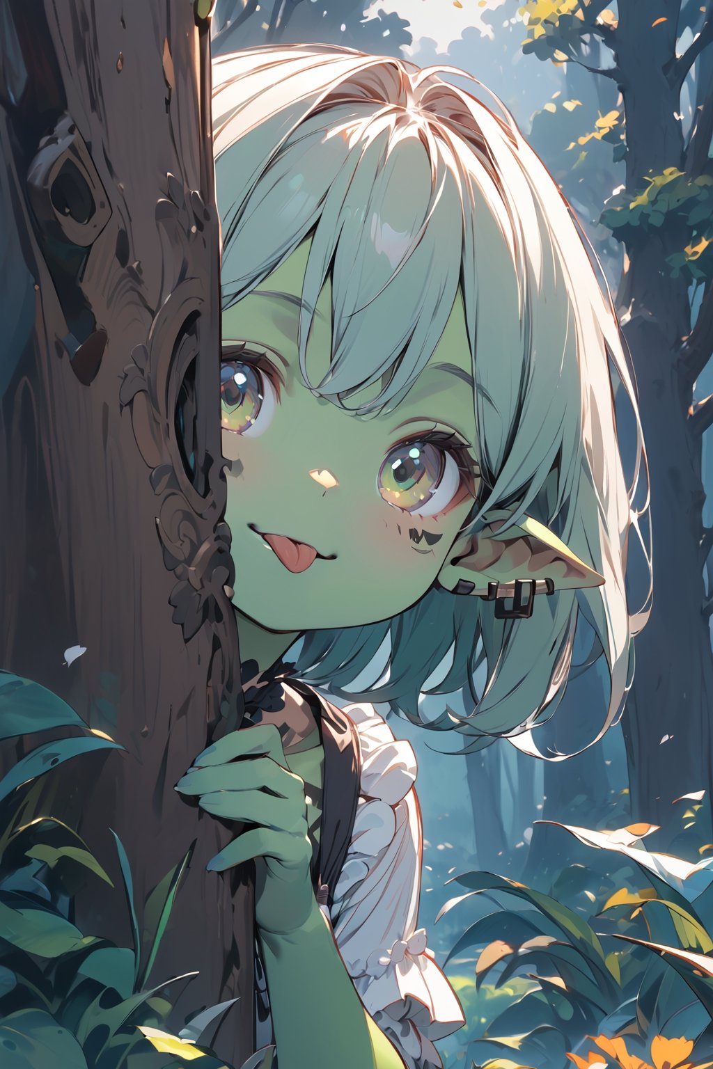 //quality, (masterpiece:1.4), (detailed), ((,best quality,)),//1girl,loli,cute,//,(light green goblin_ear:1.3),(,light green skin:1.4),medium_hair, straight_hair, detailed eyes,//,lolita,//,(tongue out:1.2), (smiling:1.2),looking_at_viewer,//,holding paper,peeking out,(,peeking out upper body :1.4), (tree:1.2),//,forest,plant,leaf, flowers,tattoo,face tattoo,peeking out upper body,scenery