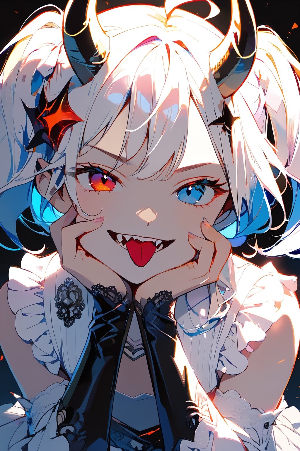 [TensorArt-chan:0.00]//quality, (masterpiece:1.331), (detailed), ((,best quality,)),//,close_up portrait of face,,//,1girl,solo,loli,//,(short twintails:1.331),((white hair and blue hair:1.2)),((colored inner hair:1.4)),ahoge,glowing_hair,(glowing demon horn:1.331),hair_accessories,(small_breasts:1.331), beautiful detailed eyes,glowing eyes,(blue eyes:1.21),(red eyes:1.1),(heterochromia:1.4),//,fashion,white topwear with logos,blue bottom wear,devil_tail,//,(,naughty_face:1.21),(smirk:1.331),(fangs,tongue out),facing at viewer,//,(hands_up:1.331),(,hands_on_face: 1.331),//,dark: 1.331,straight-on,//,