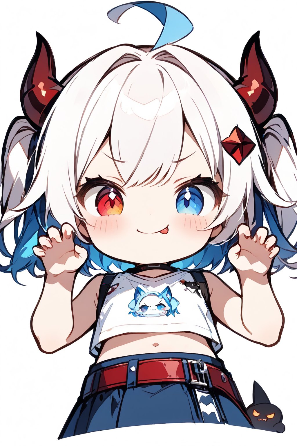 Σ(*ﾟдﾟﾉ)ﾉ The TensorArt-chan//,quality, masterpiece:1.4, detailed:1.4, best quality:1.4,//,1girl,solo,loli,cute,//,(short twintails),two side up,(white hair),(blue inner hair),ahoge,(devil horns),hair_accessories,beautiful detailed eyes,glowing eyes,(blue eye),red eye,((heterochromia)),navel,//,fashion,white crop top,white shirt,sleeveless_shirt,gloves,belt,blue skirt,//,evil smile,naughty_face,blush,smirk,frowning,cute_fangs,(tongue out),looking at viewer,looking down,//,(hands_up),(claw pose),paw pose, straight-on,//,light red_background,simple_background,close up portrait,upper_body,stickers,outline ,Deformed,sticker,chibi,chibi style,((Chibi character))