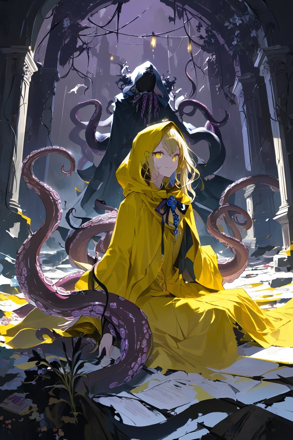 //quality, (masterpiece:1.4), (detailed), ((,best quality,)),//,(cowboy_shot:1.2),//,1girl,//,long hair,bangs, blonde hair,eye shadow, beautiful detailed eyes,flower-shaped pupils,//,long wide sleeves, yellow hood, yellow cloak, hood up, yellow robe,yellow dress,//,light smiling,facing_viewer,//,sitting,//,candle:1.2, (ruins), Tyndall effect,hallucination,fear,thriller,Cthulhu creature,(Cthulhu:1.3), evil:1.2,eldritch abomination, (tentacles:1.3), bubble, scylla, aliasing, hell,vine, dark, dark background, scenery,//,artint