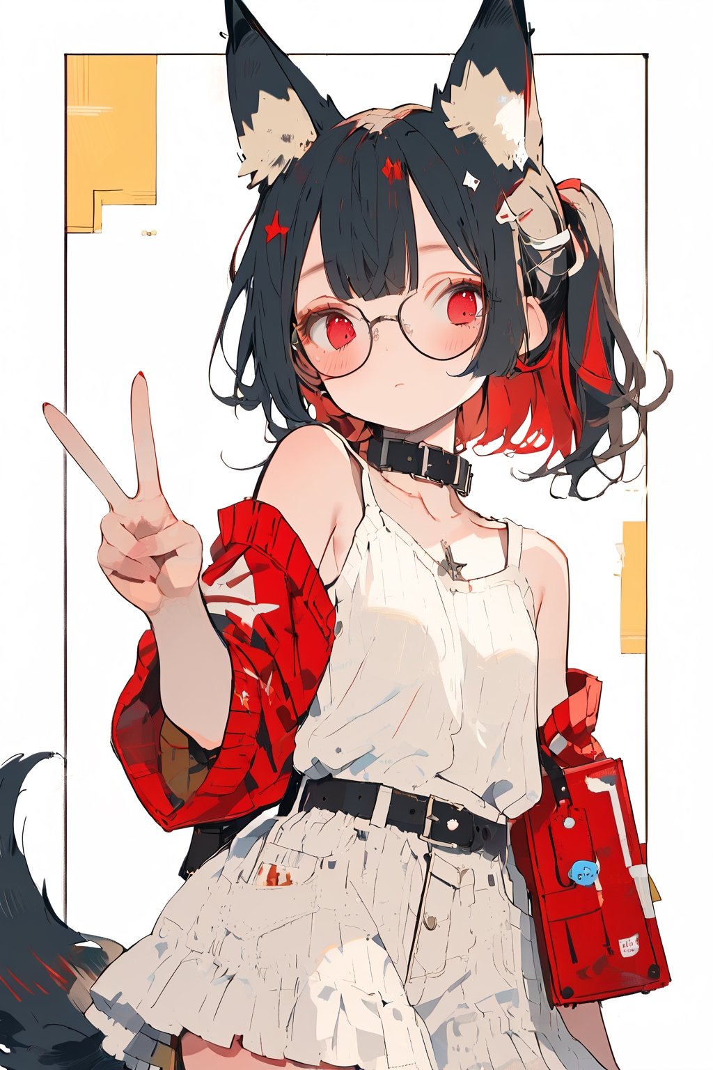 //quality, (masterpiece:1.331), (detailed), ((,best quality,)),//, comic,/,1girl,solo,cute,loli,//,(black fox ears:1.331),animal ear fluff,hairstyle, (black hair:1.21),(red hair1.1),(colored inner hair:1.331),(short ponytail:1.1),sidelocks, beautiful detailed eyes,((red eyes:1.3)),(bags_under_eyes:1.4),(glasses:1.3),(,flat_breasts,),//,fashion,hood,cat_collar,collarbone,//, sleepy,=_=,//,((((hand_up,v, v-sign)))),looking_at_camera,upper_body,(straight-on:1.331),//,emo,cute knight,kawaii knight