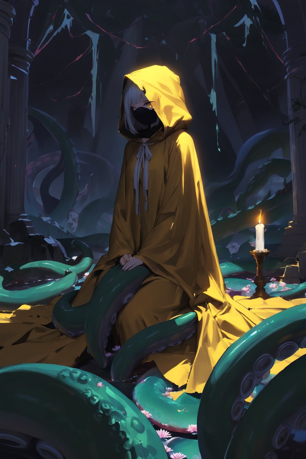 //quality, (masterpiece:1.4), (detailed), ((,best quality,)),//,(cowboy_shot:1.2),//,1girl,//,long hair,bangs, blonde hair,eye shadow, beautiful detailed eyes,flower-shaped pupils,//,long wide sleeves, yellow hood, yellow cloak, hood up, yellow robe,yellow dress,//,light smiling,facing_viewer,//,sitting,//,candle:1.2, (ruins), Tyndall effect,hallucination,fear,thriller,Cthulhu creature,(Cthulhu:1.3), evil:1.2,eldritch abomination, (tentacles:1.3), bubble, scylla, aliasing, hell,vine, dark, dark background, scenery,//,artint