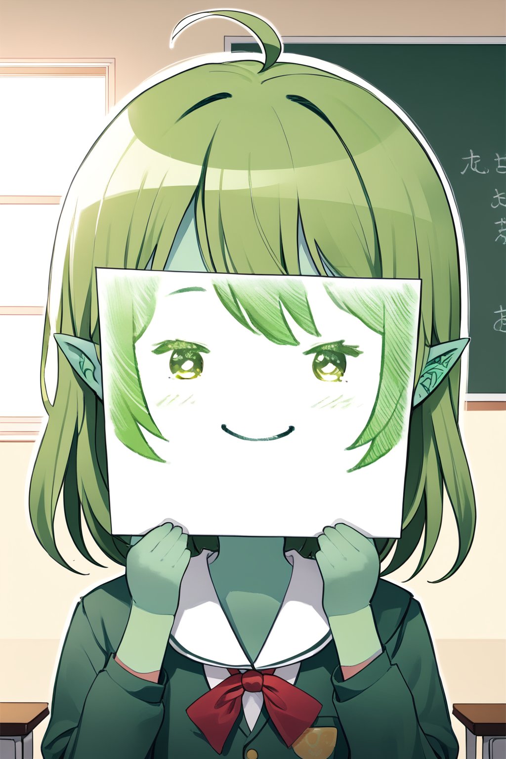 //quality, masterpiece:1.4, detailed:1.4,best quality:1.4,//,1girl,cute,solo,loli,//,pointed_ears,(((green skin))),ahoge,green hairs, medium_hair, straight_hair,//, school_uniform,//,:>,smile,//,hands holding paper,close-up,(speech_bubble),//, indoor, blackboard,PaperLikeFace, tattoo 