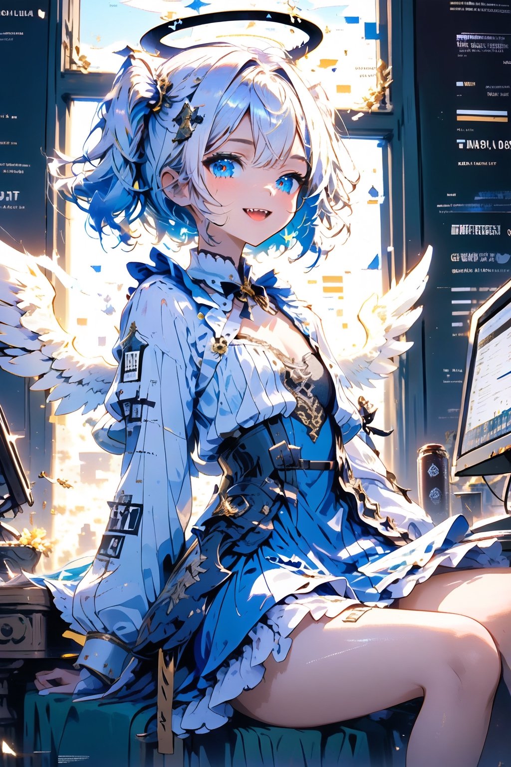 [Angel ଘ( ˊᵕˋ )ଓ TensorArt:0.00]//quality, (masterpiece:1.331), (detailed), ((,best quality,)),//portrait,//,1girl,solo,loli, (angel:1.331),//,(short twintails:1.331),(white hair:1.3),(blue hair:1.2),(colored inner hair:1.4),ahoge,(halo:1.331),hair_accessories,(small_breasts:1.331), blue eyes,beautiful detailed eyes,glowing eyes,(angel_wings),//,lolita,(white topwear:1.21),(blue_dress: 1.331),//, smile ,cute_fangs, looking at viewer,//, sitting,//,internet,line code,(data codes:1.331), (glitch effect:1.331),(scenery:1.331), computer, table,//,