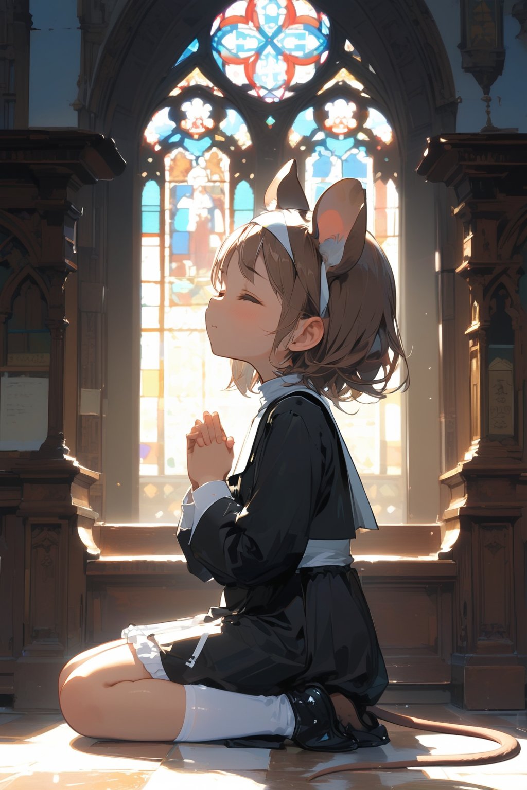 //quality, masterpiece:1.4, detailed:1.4,best quality:1.4,//,1girl,solo,loli,//, brown mouse_ears,mouse_tail,animal ear fluff, medium hair, brown hair, closed_eyes,//, black nun headscarf,(black nun costume),white thighhgihs,//,closed_mouth,//,kneeling, praying,own hands clasped,from_side,//,indoor, church ,stained glass,carved woodwork,dal-6 style