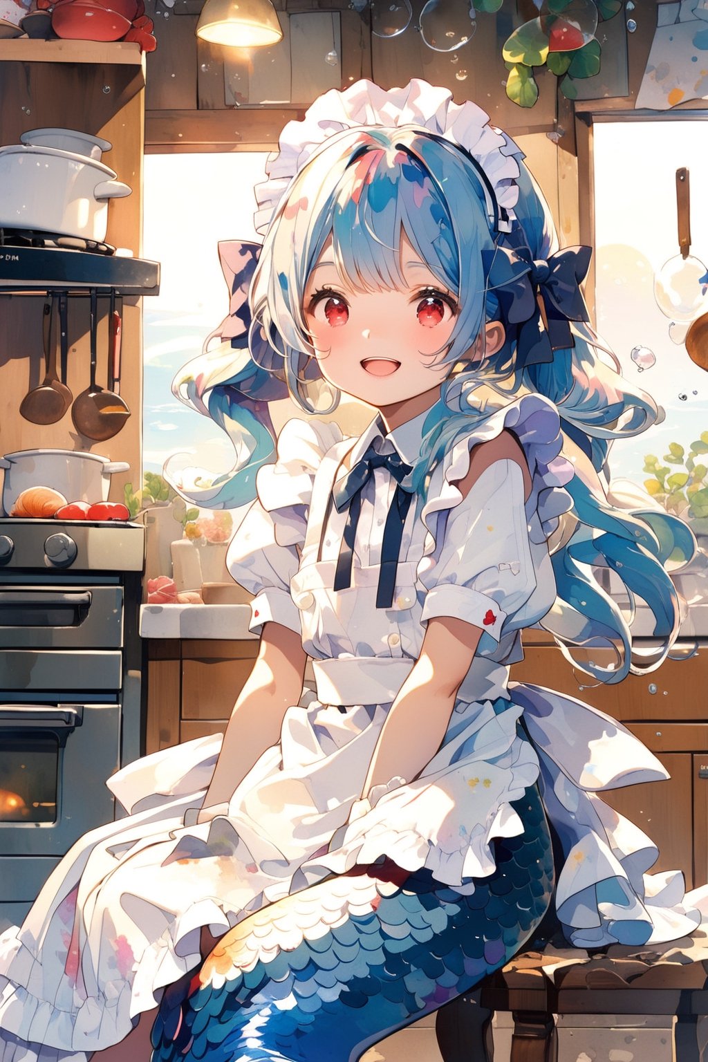 //quality, (masterpiece:1.4), (detailed), ((,best quality,)),//1girl,(mermaid:1.4),(loli:1.3), child,cute,//,(blue_hair:1.3),ahoge,(long_hair,floating_hair),detailed_eyes,(red eyes:1.2),//,bows,frilled,(white_apron:1.4),(white maid_dress:1.2),(white glove:1.2),//,smiling,blush,teeth,mouth_open,//,(sitting near a oven:1.4),detailed oven,oven focus,//,indoors,(kitchen:1.4),cream,detailed room, underwater,bubbles,close_up,watercolor \(medium\),upper_body