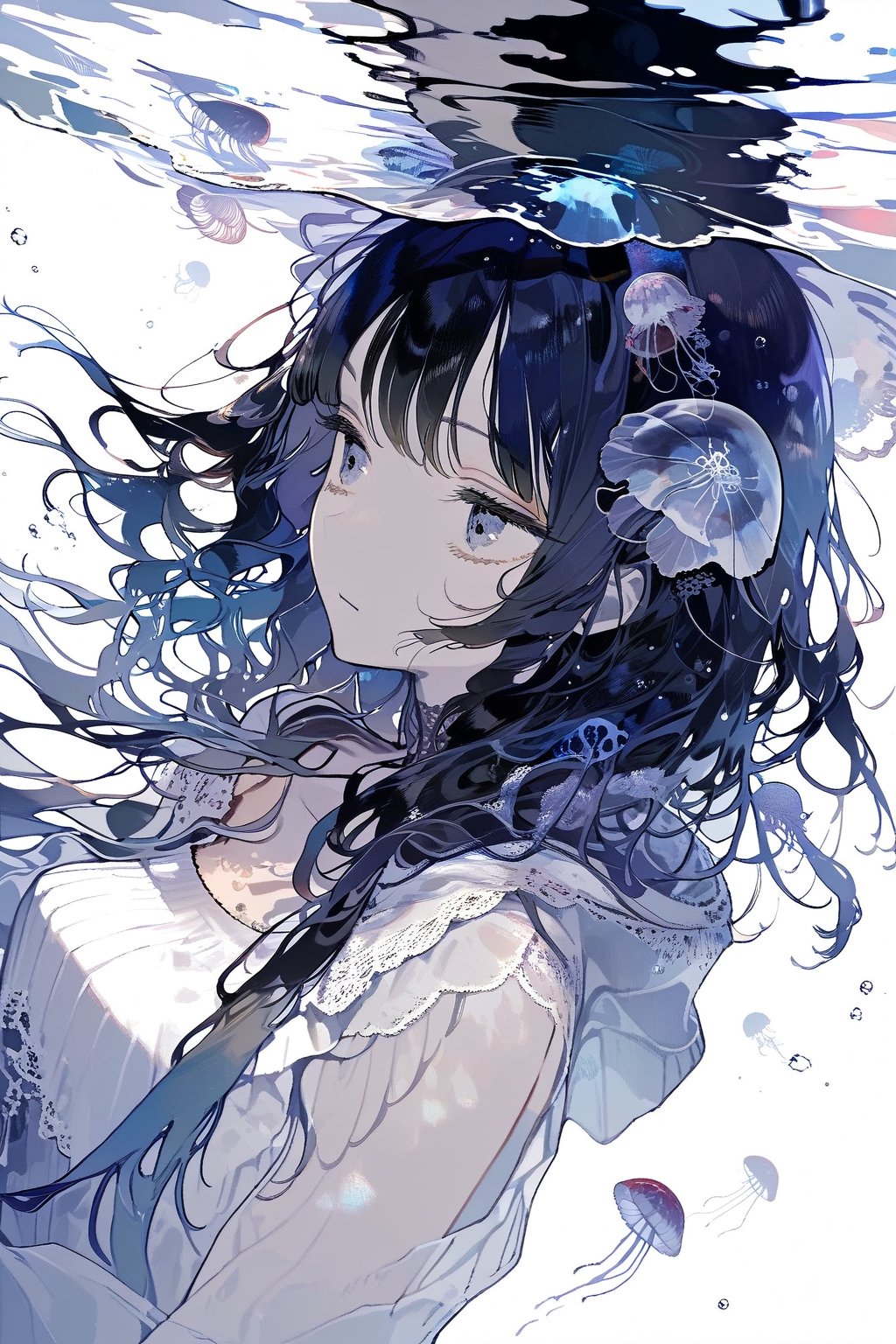 //quality, (masterpiece:1.331), (detailed), ((,best quality,)),//,illustration,//,1girl,jellyfish girl,//,(deepskyblue hair:1.331),(,long hair:1.21),hair_style,wavy_hair,sidelocks,(white jellyfish hood,:1.331),hood_up,see_through,long sleeves,medium breasts,pale skin,beautiful detailed eyes, blue eyes,eye_glow,//,expressionless,//,floating,floating in the sea,//,(underwater:1.331),kelp,coral,jellyfish,white tentacles,//,dal,aesthetic,more detail XL