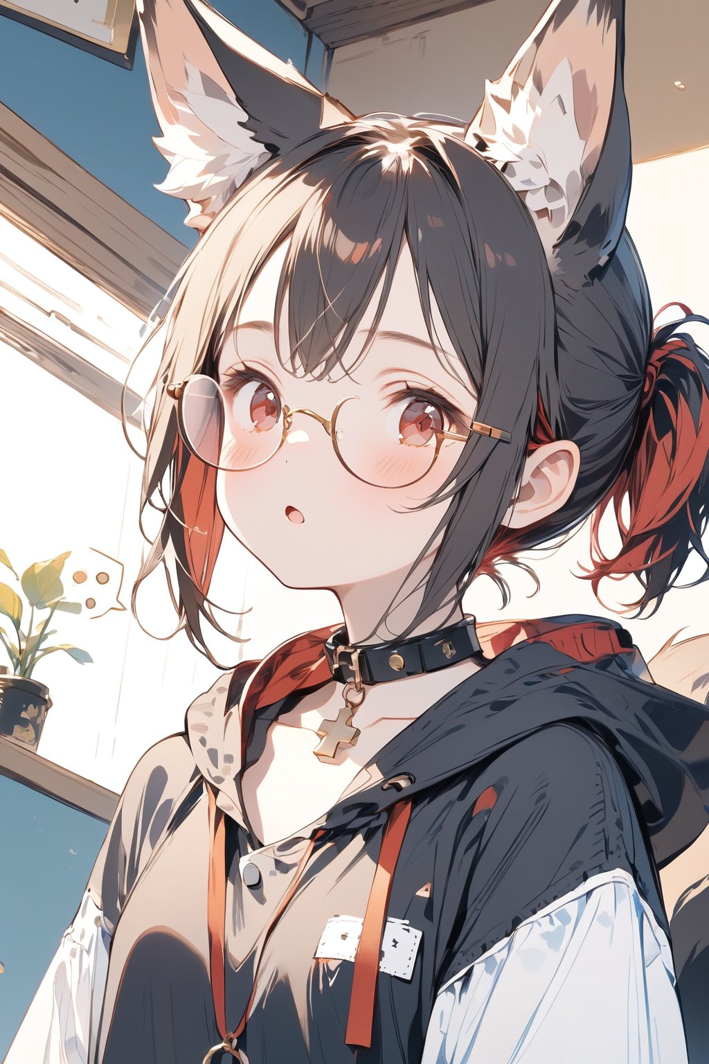 //quality, masterpiece:1.4, detailed:1.4, ,best quality:1.4, //, 1girl,solo,Tekeli,//,black fox ears,animal ear fluff,black fox tail,black hair,red inner hair,short ponytail,sidelocks,red eyes,collarbones,small_chest,//,fashion,red_glasses,cross_necklace, black hoodie,hood_down,//,blush,expressionless,:o,mouth_open,(looking_down),looking_at_viewer,//,(spoken_exclamation_mark),!,!!,close-up portrait,upper_body,hands out_of_frame,arms_outstretched,//,indoor, detailed room background,from_below,low-angle_shot