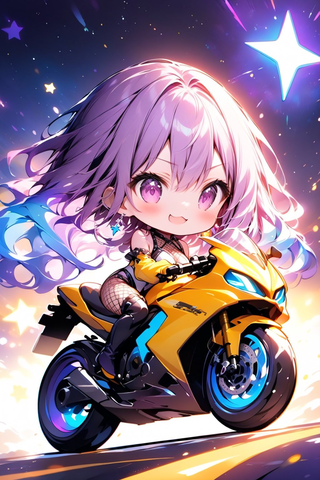 //quality, masterpiece:1.4, detailed:1.4, ,best quality:1.4, //,1girl,solo,(chibi),//, ((purple_hair)), (blue hair),(((gradient hair))), long hair, wavy hair,detailed eyes, glowing eyes, purple eyes: 1.3,shoulders,large chests,//, goggle on head: 1.1, earrings,yellow jacket, leotard, detached sleeves, (fishnets), thigh boots,//, blush,smile,mouth_open, >3<,(xd),XD face,//, yellow motorcycle, riding motorcycle, detailed motorcycle,(pov motorcycle),from_side, //,neon lights glow in the dark,starry_night,star_background,star_(symbol) ,night,blurry_background,backlighting,vibrant colors,Colorful art,ink paint,((Chibi character))