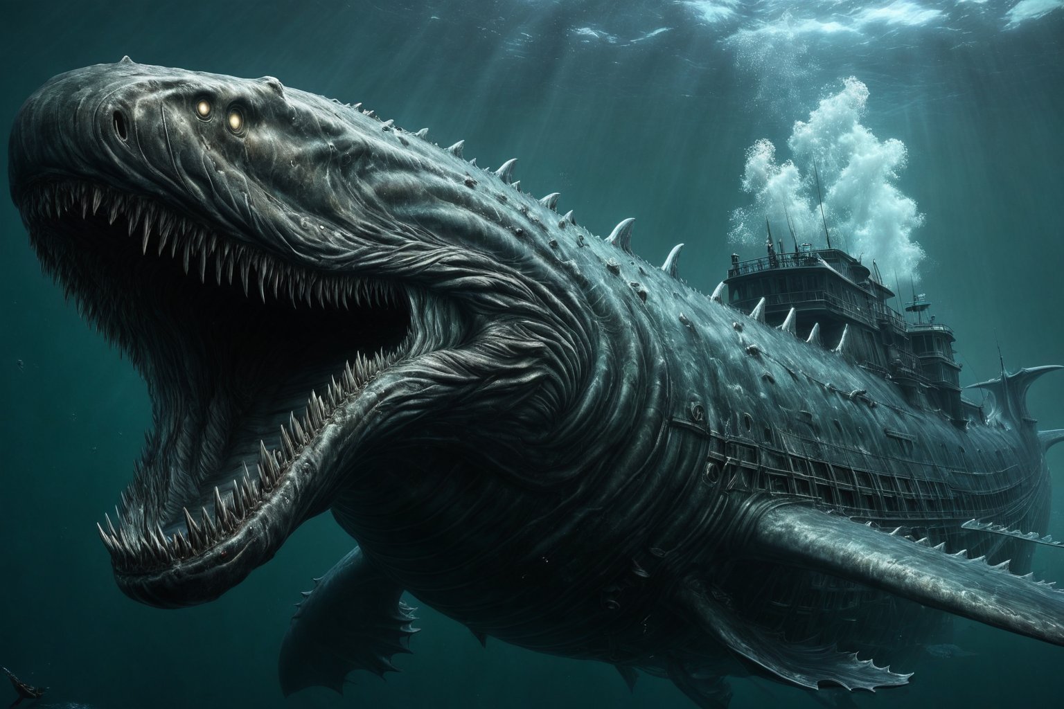 //quality, masterpiece:1.4, detailed:1.4,best quality:1.4,//,horror, terrible,giant sea monster,leviathan a sea monster,fangs,deep sea,dark sea,wide shot,no humans,scenery,