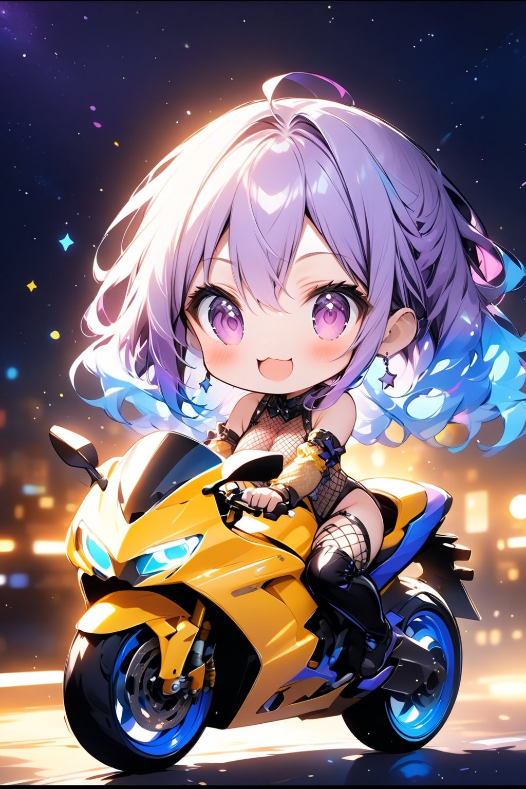 //quality, masterpiece:1.4, detailed:1.4, ,best quality:1.4, //,1girl,solo,(chibi),//, ((purple_hair)), (blue hair),(((gradient hair))), long hair, wavy hair,detailed eyes, glowing eyes, purple eyes: 1.3,shoulders,large chests,//, goggle on head: 1.1, earrings,yellow jacket, leotard, detached sleeves, (fishnets), thigh boots,//, blush,smile,mouth_open, >3<,(xd),XD face,//, yellow motorcycle, riding motorcycle, detailed motorcycle,(pov motorcycle),from_side, //,neon lights glow in the dark,starry_night,star_background,star_(symbol) ,night,blurry_background,backlighting,vibrant colors,Colorful art,ink paint,((Chibi character))