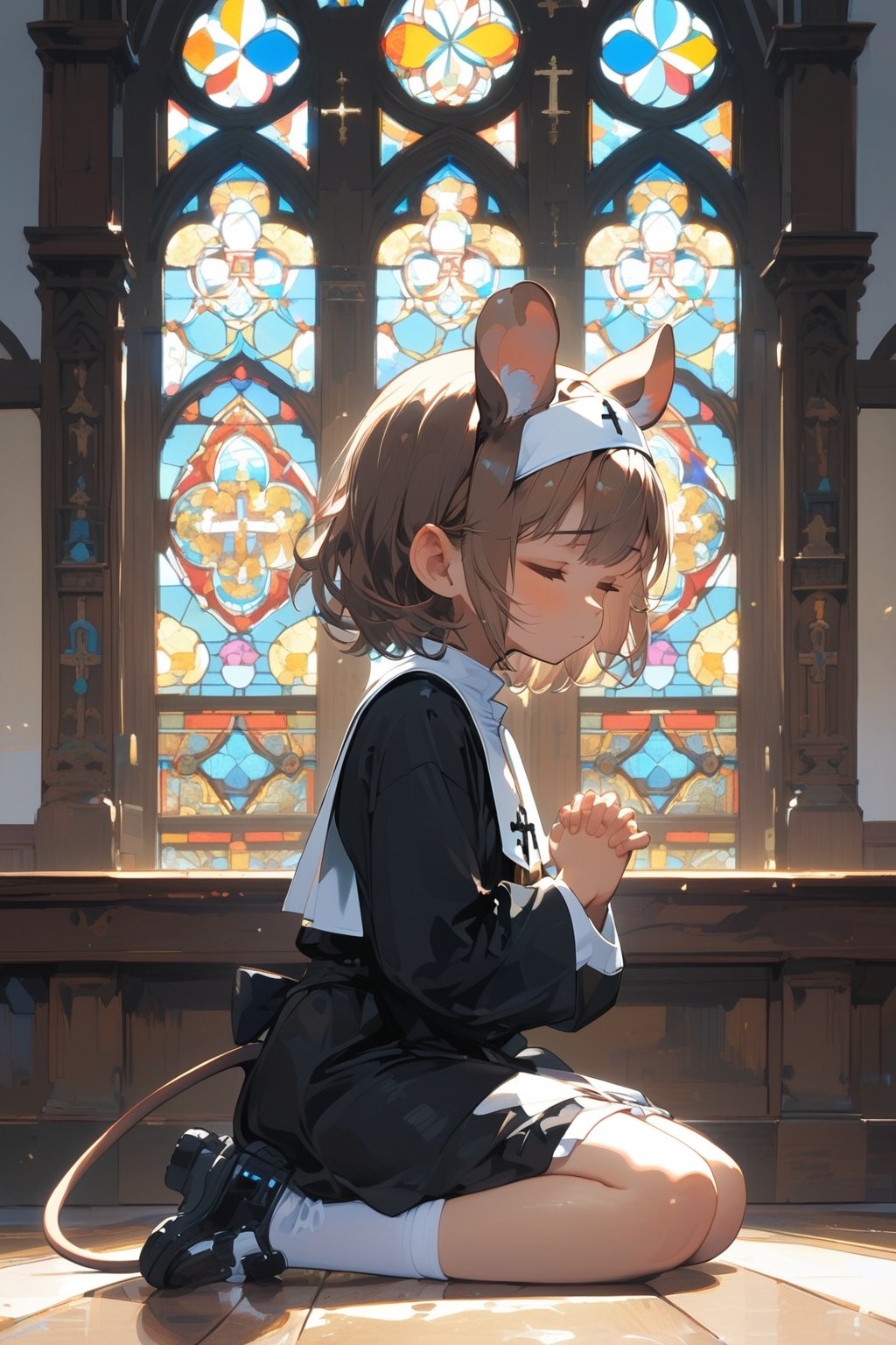 //quality, masterpiece:1.4, detailed:1.4,best quality:1.4,//,1girl,solo,loli,//, brown mouse_ears,mouse_tail,animal ear fluff, medium hair, brown hair, closed_eyes,//, black nun headscarf,(black nun costume),white thighhgihs,shoes_off,//,closed_mouth,//,kneeling, praying,own hands clasped,from_side,//,indoor, church ,stained glass,carved woodwork,dal-6 style