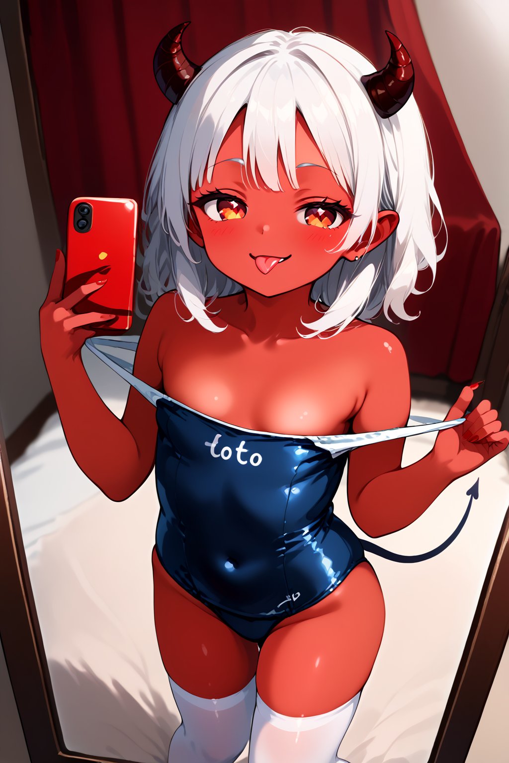 //quality, masterpiece:1.4, detailed:1.4,best quality:1.4,//,1girl,loli,solo,//,demon girl,((red colored skin)),(red skin),devil horns,(devil tail), white hair, medium hair, sidelocks, light red eyes, beautiful detailed eyes, half closed eyes,collarbone,covered_navel,//,hair_accessories, candies accessories,school swimsuit,(white thighhighs),//,evil, evil smile,tongue_out,light smile, naughty face,//,(one-piece swimsuit pull),swimsuit pull,holding mobile phone,selfie,mirror,dynamic pose,//,indoors,room,Deformed,one-piece swimsuit pull,score_7_up,score_9,source_anime