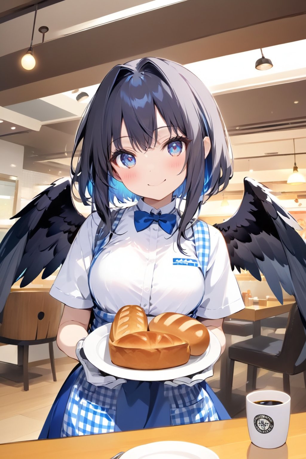 //quality, masterpiece:1.4, detailed:1.4, ,best quality:1.4,//,1girl, waitress,//,black_hair,hair intakes,short hair with long locks,blue inner hair, detailed eyes, glowing eyes, darkblue eyes,large chest,(black wings),feather_wings, detailed wings,//, high-waist skirt, employee uniform, gingham apron, blue apron, blue skirt, short sleeves, white shirt, blue bowtie,blue bow,white gloves,//,blush, smile,looking_at_viewer,head_tilt,//,holding dishes of bread, (straight-on),,//,vibrant colors,Colorful art,KRU, indoors,restaurant, table, ceiling, lights, cup,ink paint,pov