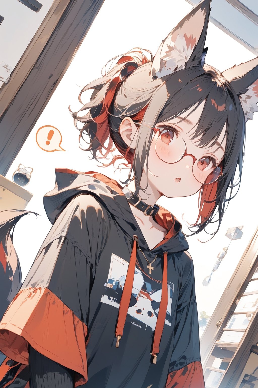 //quality, masterpiece:1.4, detailed:1.4, ,best quality:1.4, //, 1girl,solo,Tekeli,//,black fox ears,animal ear fluff,black fox tail,black hair,red inner hair,short ponytail,sidelocks,red eyes,collarbones,small_chest,//,fashion,red_glasses,cross_necklace, black hoodie,hood_down,//,blush,expressionless,:o,mouth_open,(looking_down),looking_at_viewer,//,(spoken_exclamation_mark),!,!!,close-up portrait,upper_body,hands out_of_frame,arms_outstretched,//,indoor, detailed room background,from_below,low-angle_shot