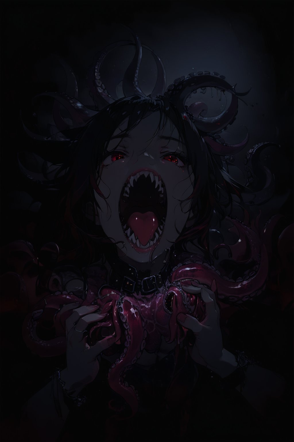 //quality, (masterpiece:1.331), (detailed), ((,best quality,)),//,(pov hands:1.3),(macro photo of tentacles and fangs),black hair,red eyes,hallway,night,(dark background:1.3)