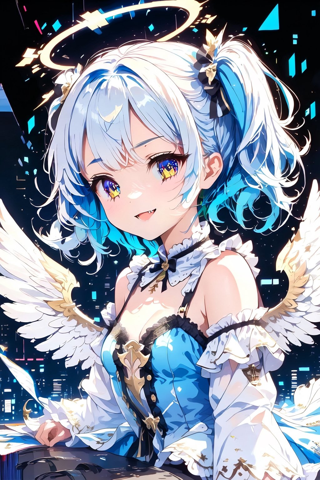 [Angel ଘ( ˊᵕˋ )ଓ TensorArt:0.00]//quality, (masterpiece:1.331), (detailed), ((,best quality,)),//portrait,//,1girl,solo,loli, (angel:1.331),//,(short twintails:1.331),(white hair:1.3),(blue hair:1.2),(colored inner hair:1.4),ahoge,(halo:1.331),hair_accessories,(small_breasts:1.331), blue eyes,beautiful detailed eyes,glowing eyes,(angel_wings),//,lolita,(white topwear:1.21),(blue_dress: 1.331),//, smile ,cute_fangs, looking at viewer,//, sitting,//,internet,line code,(data codes:1.331), (glitch effect:1.331),(scenery:1.331), computer, table,//,