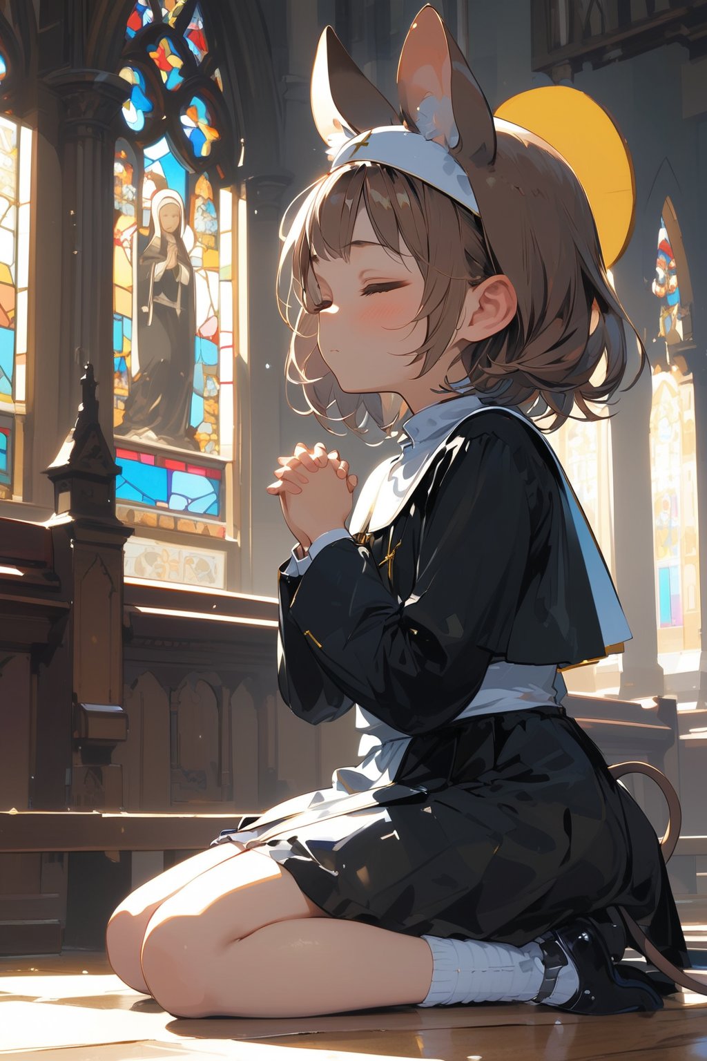 //quality, masterpiece:1.4, detailed:1.4,best quality:1.4,//,1girl,solo,loli,//, brown mouse_ears,mouse_tail,animal ear fluff, medium hair, brown hair, closed_eyes,//, black nun headscarf,(black nun costume),white thighhgihs,leg,//,closed_mouth,//,kneeling, praying,own hands clasped,from_side,//,indoor, church ,stained glass,carved woodwork,dal-6 style