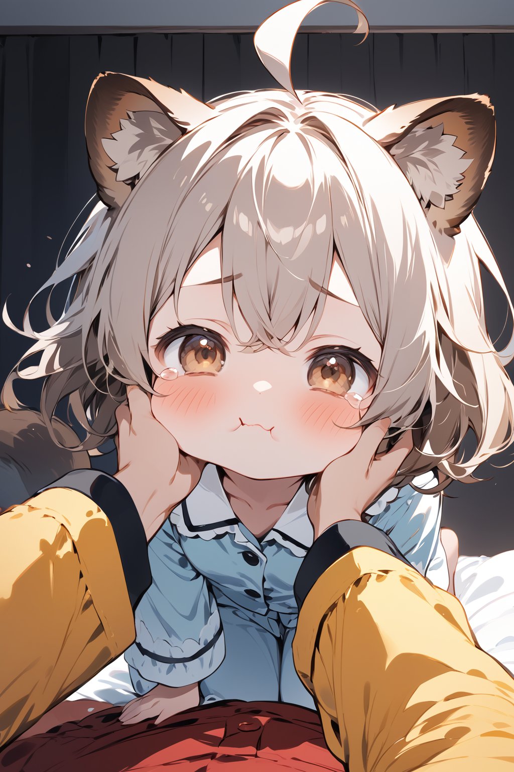 score_9, score_8_up, score_7_up,//quality, masterpiece:1.4, detailed:1.4,best quality:1.4,//,1girl,solo,//,raccoon girl,gray raccoon ears,gray raccoon tail, animal ear fluff,gray hair, messy hair,ahoge, medium hair, brown eyes,detailed eyes,//,hair_accessories,accessories,pajamas,//,blush,hold back one's tears, wavy_mouth, closed_mouth,bags_under_eyes,(bags under eyes),//,kneeling on bed,//,indoor,dark background, bedroom,face focus,chibi,tearing up,cheek pinching, pov hands,pov,(pov woman hand),pov girl hand holding cheek,(puffy cheeks),cheek squash, hands on another's face, hands on another's cheeks, solo focus