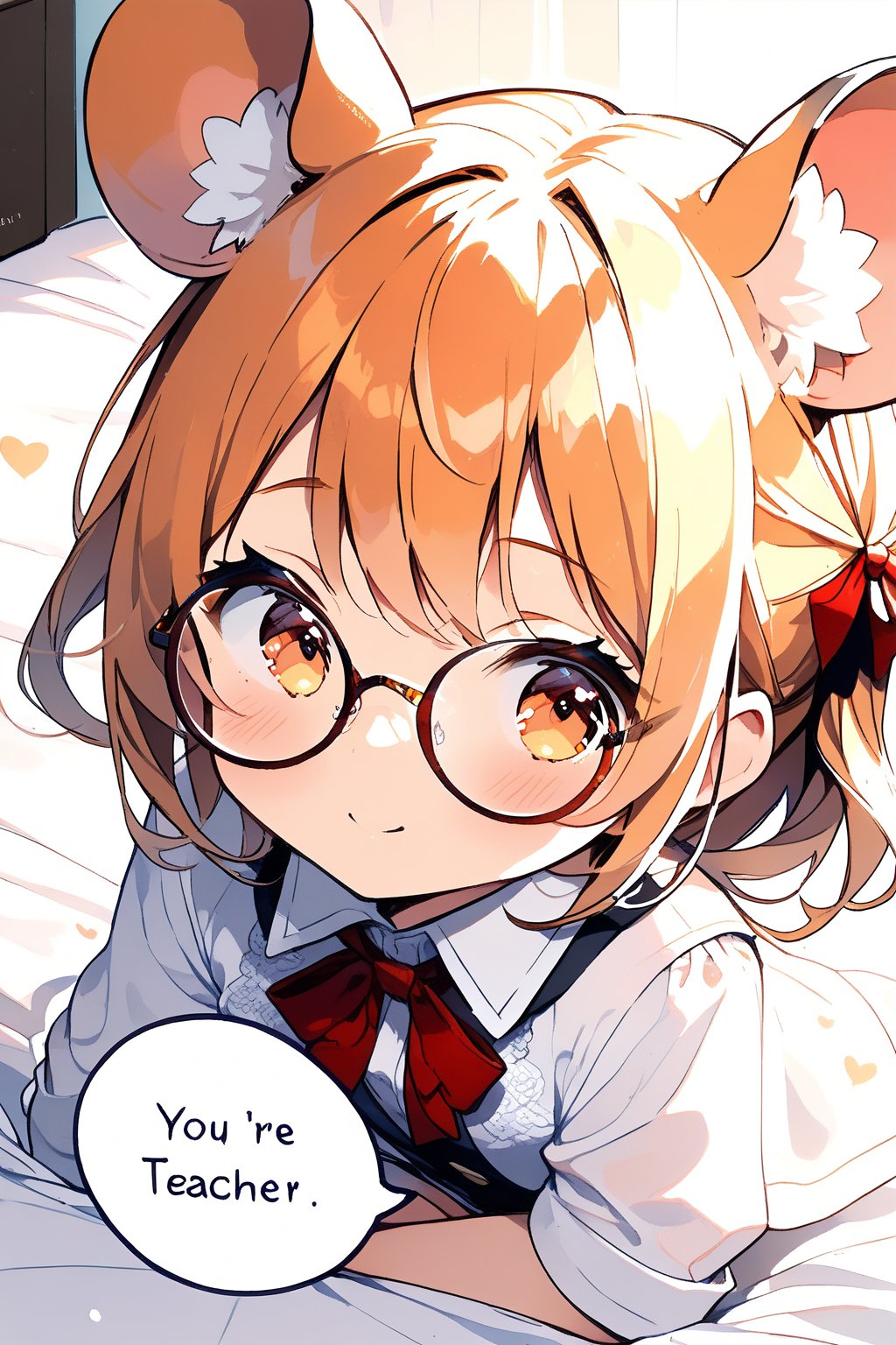 //quality, masterpiece:1.4, detailed:1.4,best quality:1.4,//,1girl,chibi,solo,loli,//,mouse_ears,animal ear fluff,orange_hair,short ponytail,sidelocks,orange_eyes,detailed eyes,//,hair_accessories,ribbons,round glasses,white lab coat,//,blush,light smile,closed_mouth,straight-on,//,close-up portrait, kneeling on bed,//,indoor,bedroom,((((speech bubble with Title text reads as "YOU'RE TEACHER" )))),((Chibi character))