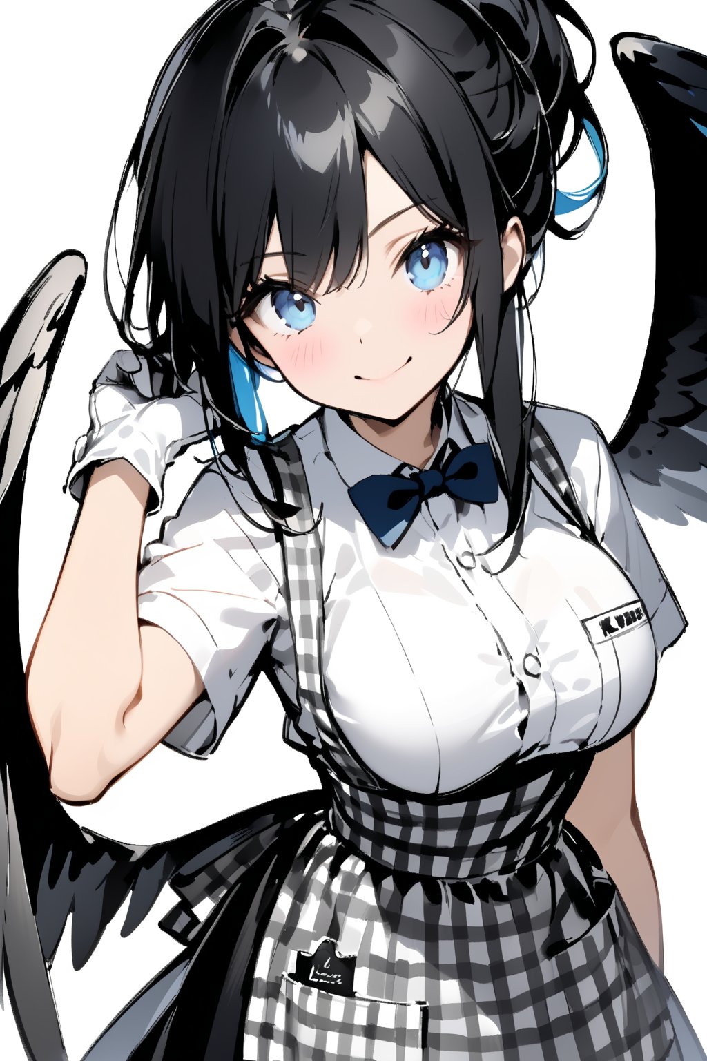 //quality, masterpiece:1.4, detailed:1.4, ,best quality:1.4,//,1girl,solo, waitress,//,black_hair,hair intakes,short hair with long locks,blue inner hair, detailed eyes, glowing eyes, darkblue eyes,(large chest),(black wings),big wings,feather_wings, detailed wings,//, bow, bowtie, white shirt, short sleeves, apron, gingham apron, employee uniform, high-waist skirt,white gloves,//,blush, smile,looking_at_viewer,head_tilt,wince,winking,;),//,hands_raised,adjusting_hair,close-up portrait,//,paper drawing,Sketch book,(Sketch),rough stretch,(Gray scale),(Monochrome),Pencil sketch,flat style,kobeya uniform