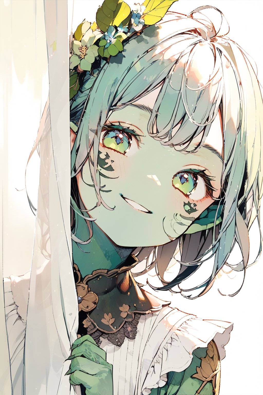 //quality, (masterpiece:1.4), (detailed), ((,best quality,)),//1girl,loli, cute,//,(green goblin_ear:1.3),(green face),(,green skin:1.4),medium_hair, straight_hair,//,lolita, white clothes,//, :3, smiling,//,peeking out,(,peeking out upper body :1.4), (curtains:1.2),//,window,leaf, flowers,tattoo,face tattoo, close_up portrait,goblin,patina metal skin