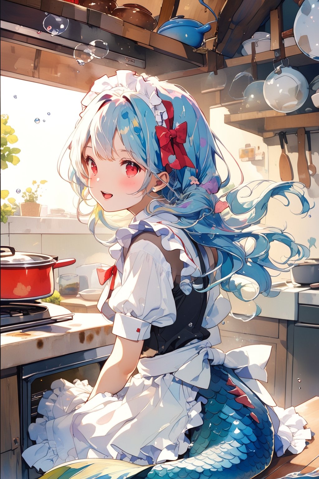 //quality, (masterpiece:1.4), (detailed), ((,best quality,)),//1girl,(mermaid:1.4),(loli:1.3),cute,//,(blue_hair:1.3),ahoge,(long_hair,floating_hair),detailed_eyes,(red eyes:1.2),//,bows,frilled,(white_apron:1.4),(white maid_dress:1.2),(white glove:1.2),//,smiling,blush,teeth,mouth_open,//,(near a oven:1.4),(detailed oven,Metal oven,oven focus:1.4),//,indoors,(kitchen:1.4),cream,detailed room, underwater,bubbles,close_up,watercolor \(medium\),upper_body