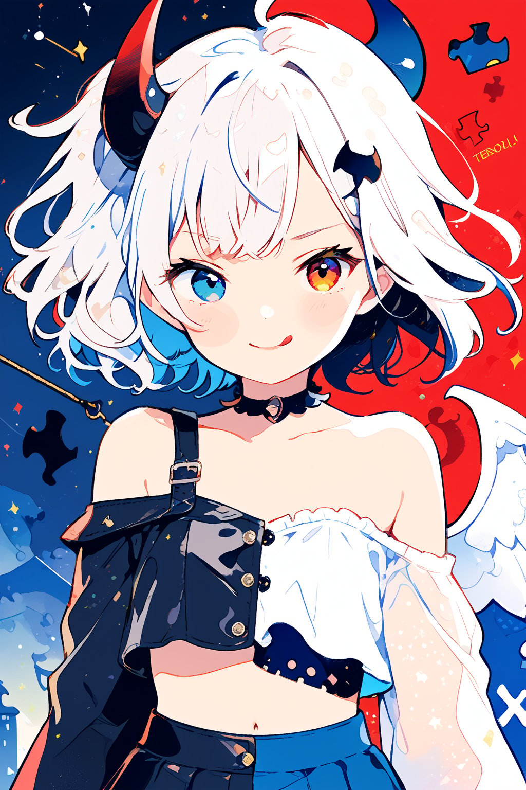 Σ(*ﾟдﾟﾉ)ﾉ TensorArt-chan//quality, masterpiece:1.4, detailed:1.4, best quality:1.4,//, split screen,puzzle,(SplitScreen),upper body,splitscreen of devil and angel,red and blue puzzle,puzzle background,colorful background,Colorful art,close-up portrait,//,1girl,solo,loli,//,(short twintails),(white hair),(blue inner hair),ahoge,hair_accessories,beautiful detailed eyes,glowing eyes,blue eye,navel,off-shoulder,collarbones,//,fashion,white crop top,long sleeves,white gloves,blue skirt//,happy,smile,mouth closed,blush,looking at viewer,cute comic,BREAK,1girl,solo,loli,//,(short twintails),two side up,(white hair),(blue inner hair),ahoge,devil horns,hair_accessories,beautiful detailed eyes,glowing eyes,red eye,((heterochromia)),navel,//,fashion,white crop top,white shirt,gloves,belt,blue skirt,//,evil smile,naughty_face,tongue out,blush,smirk,looking at viewer,//,(((top wear with title text read as "TENSORART"))),BREAK