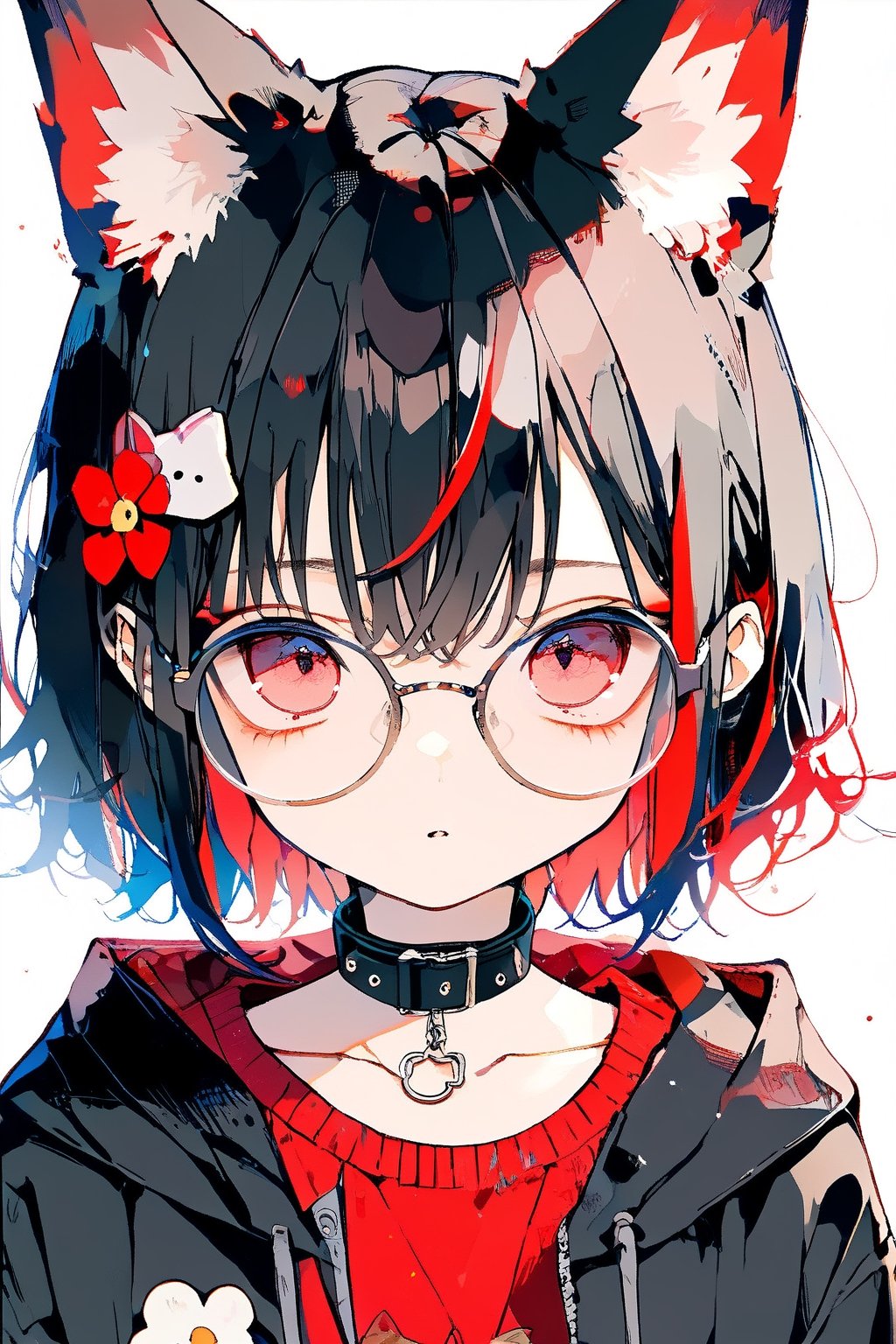 //quality, (masterpiece:1.331), (detailed), ((,best quality,)),//, portrait,/,1girl,solo,cute,loli,//,(black fox ears:1.331),animal ear fluff,hairstyle, (black hair:1.21),(red hair1.1),(colored inner hair:1.331),(short ponytail:1.1),sidelocks, ((red spiral eyes:1.331)),(bags_under_eyes:1.331),(glasses:1.331),(,flat_breasts,),fashion,hood,cat_collar,//,expressionless,//,looking_at_camera,upper_body,(straight-on:1.331),//,//,dal